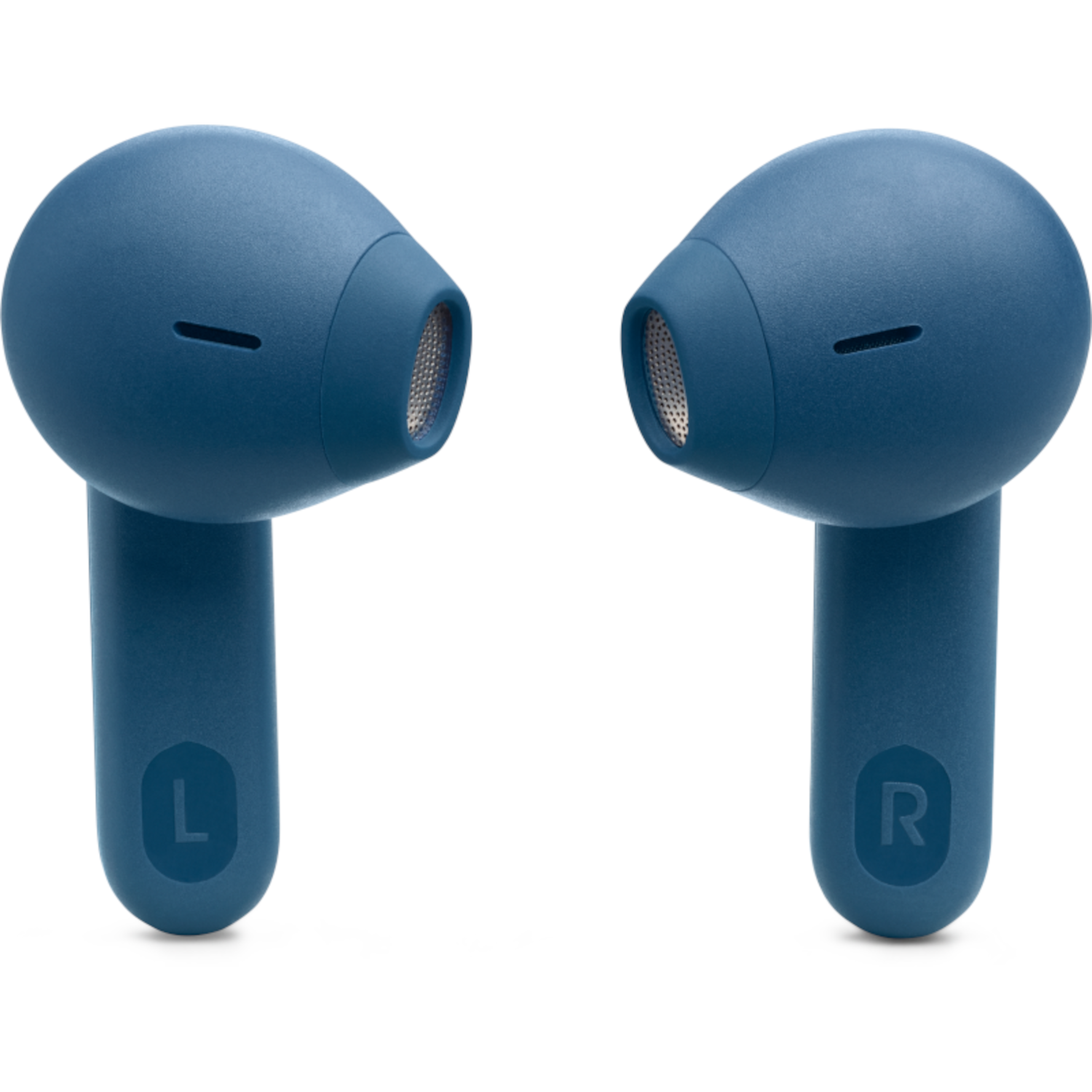Due auricolari blu, sinistro e destro, angolati verso l'osservatore. Sfondo bianco.