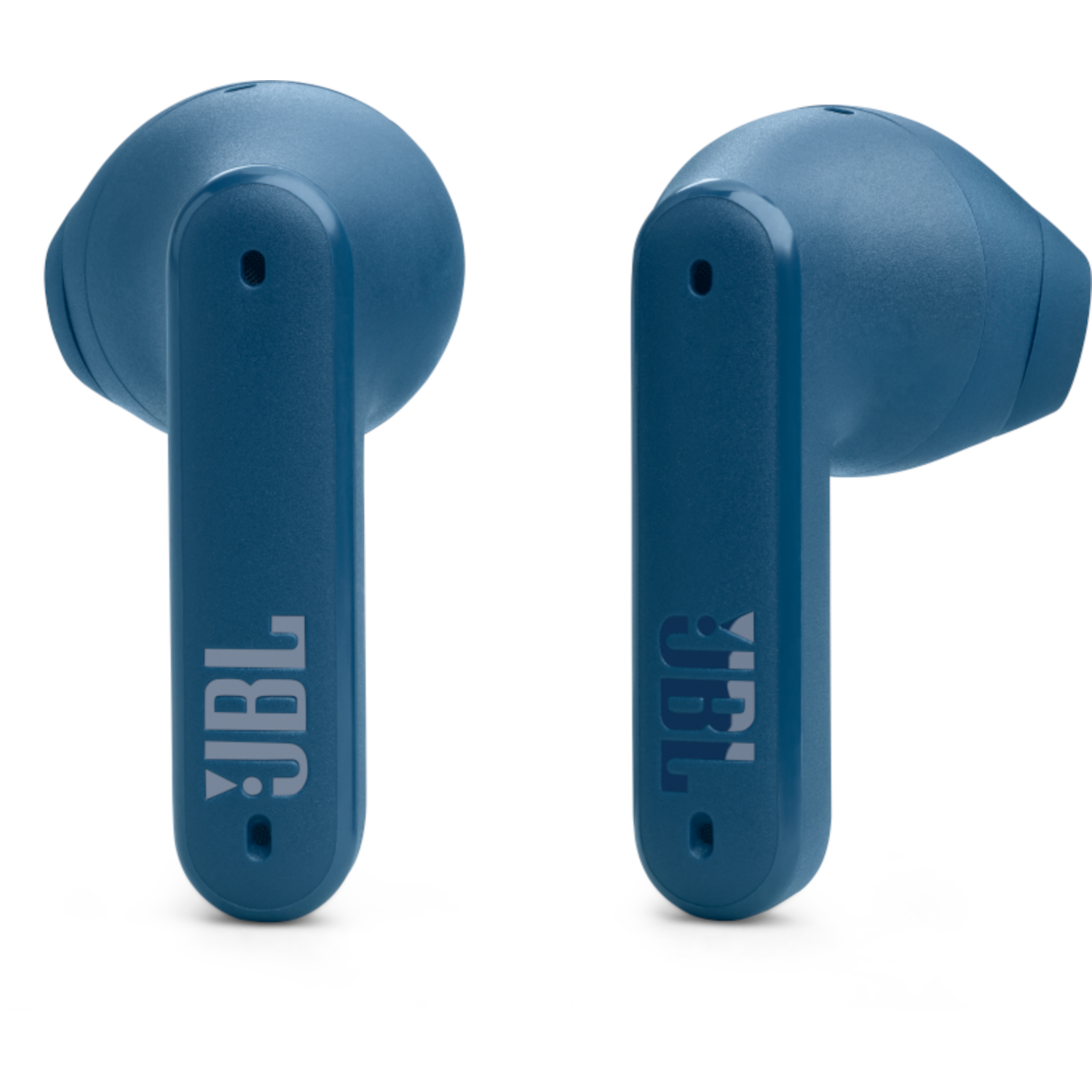 Auricolari JBL blu, vista angolata, su sfondo bianco, che mostra il logo JBL.