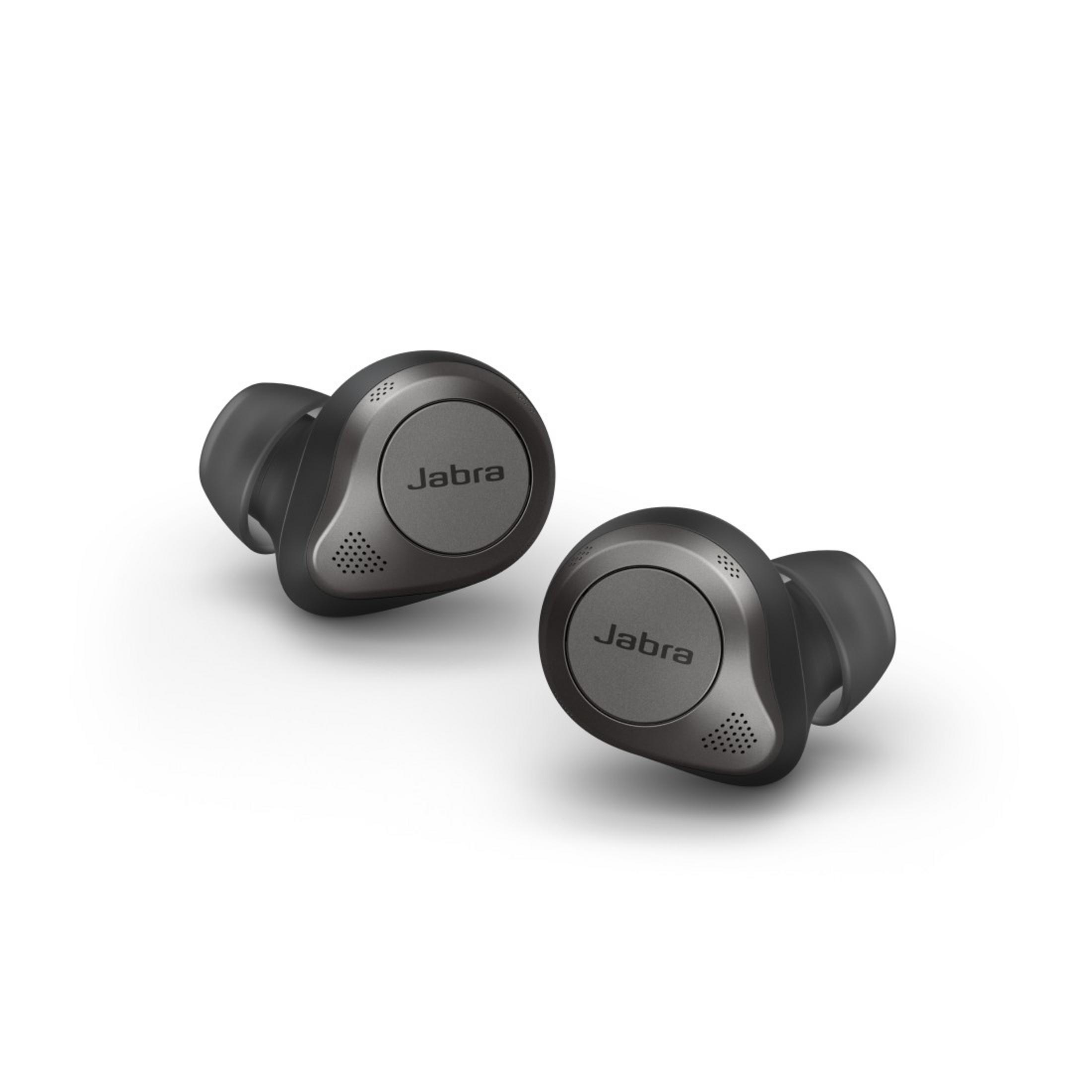 Auricolari wireless Jabra neri, con logo Jabra argentato, su sfondo bianco.