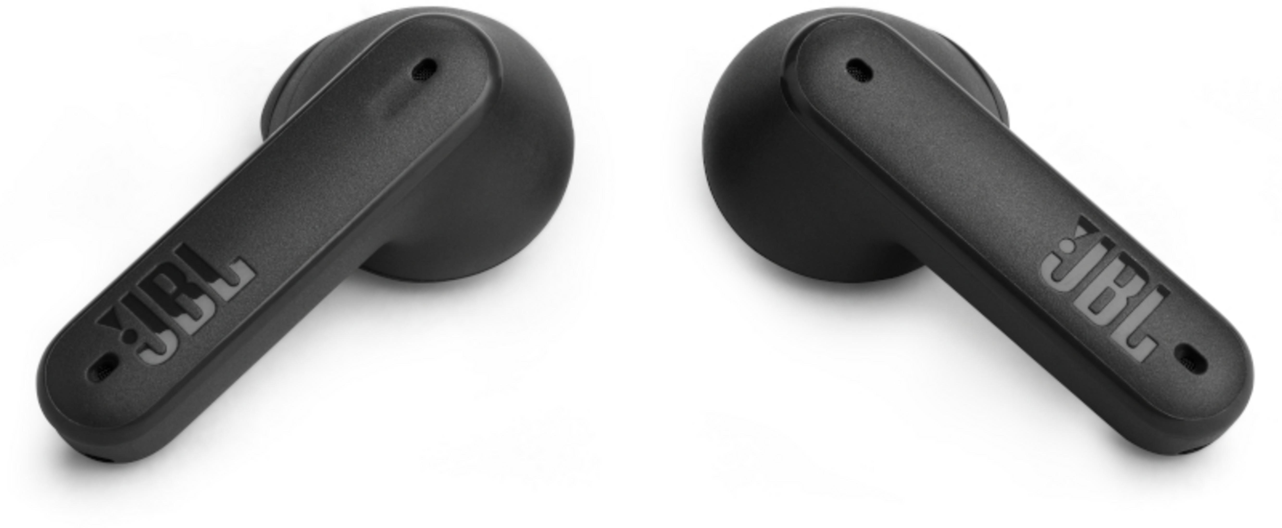 Dwa czarne słuchawki JBL, ułożone blisko siebie na białym tle.