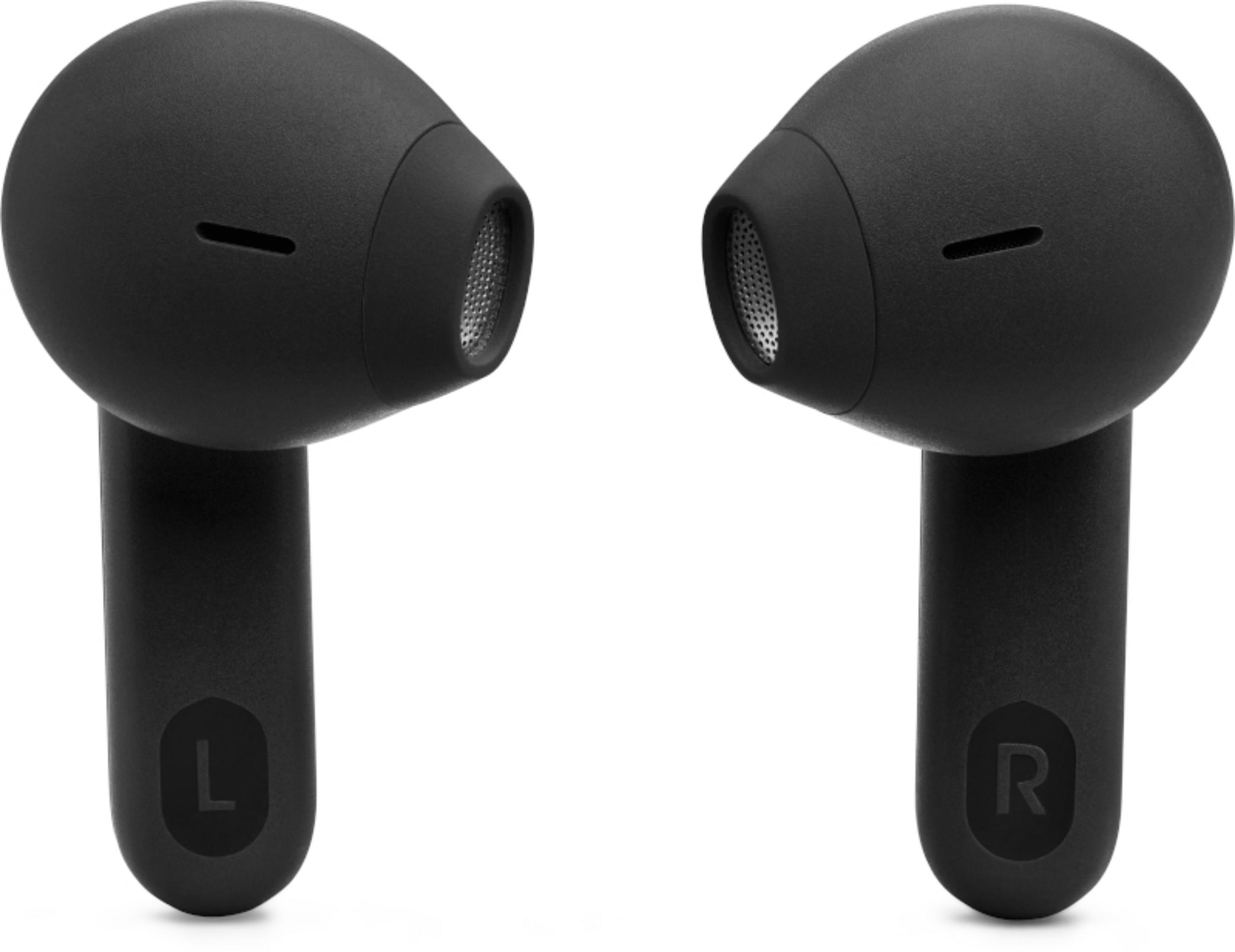 Dwie czarne bezprzewodowe słuchawki JBL. Każda ma literę 'L' i 'R'.