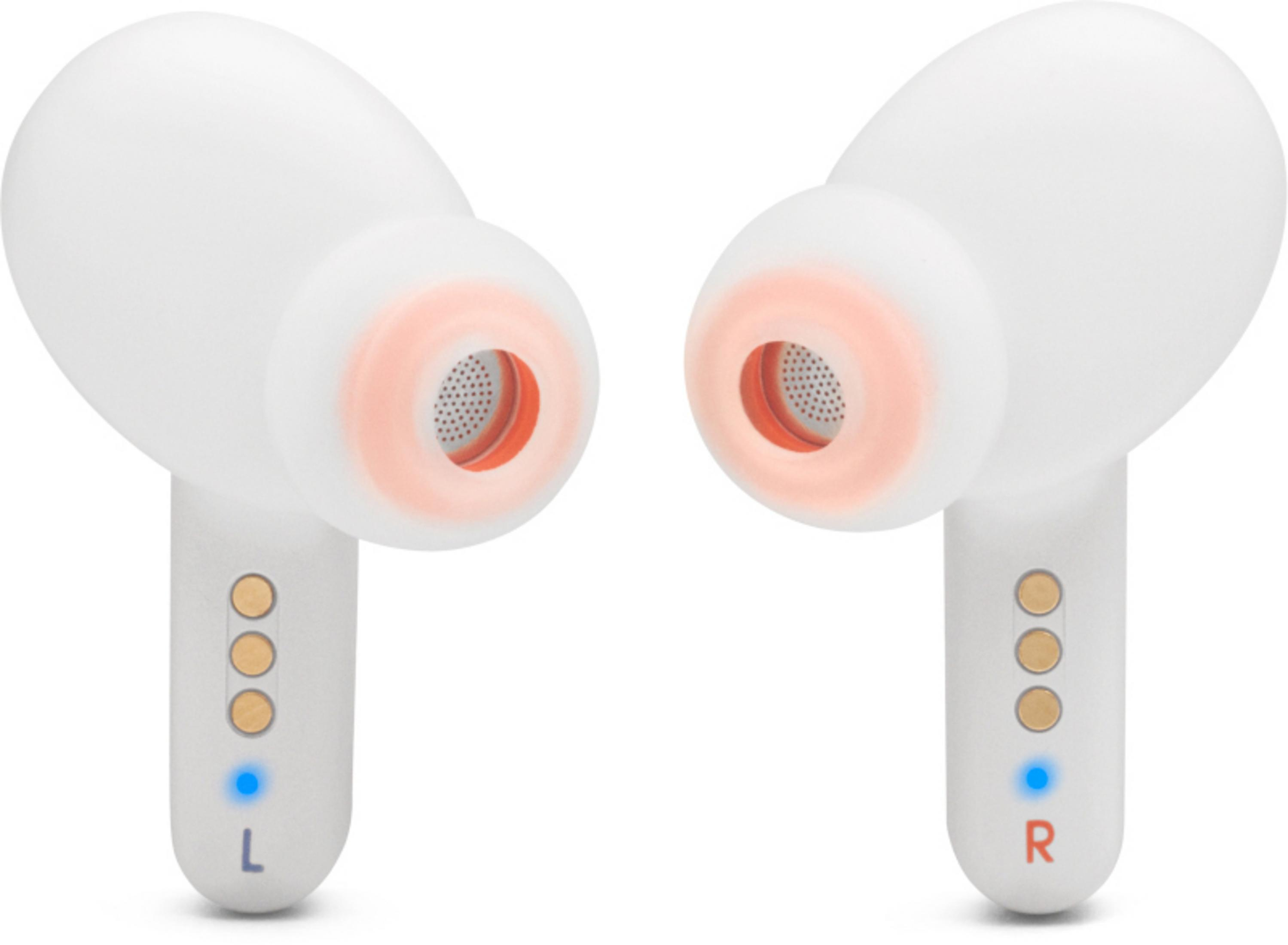 Due auricolari bianchi con dettagli arancioni e luci indicatrici blu e rosse.