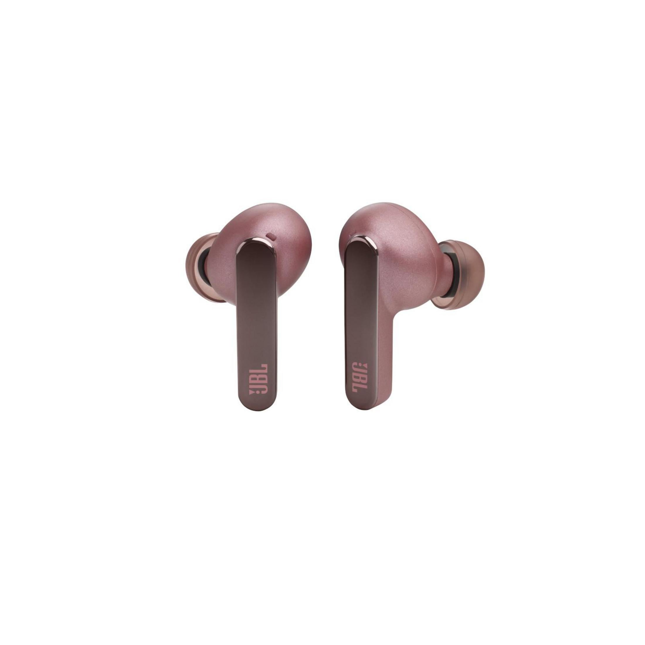Dos auriculares JBL oro rosa, con un diseño elegante, sobre una superficie blanca, foto de estudio.