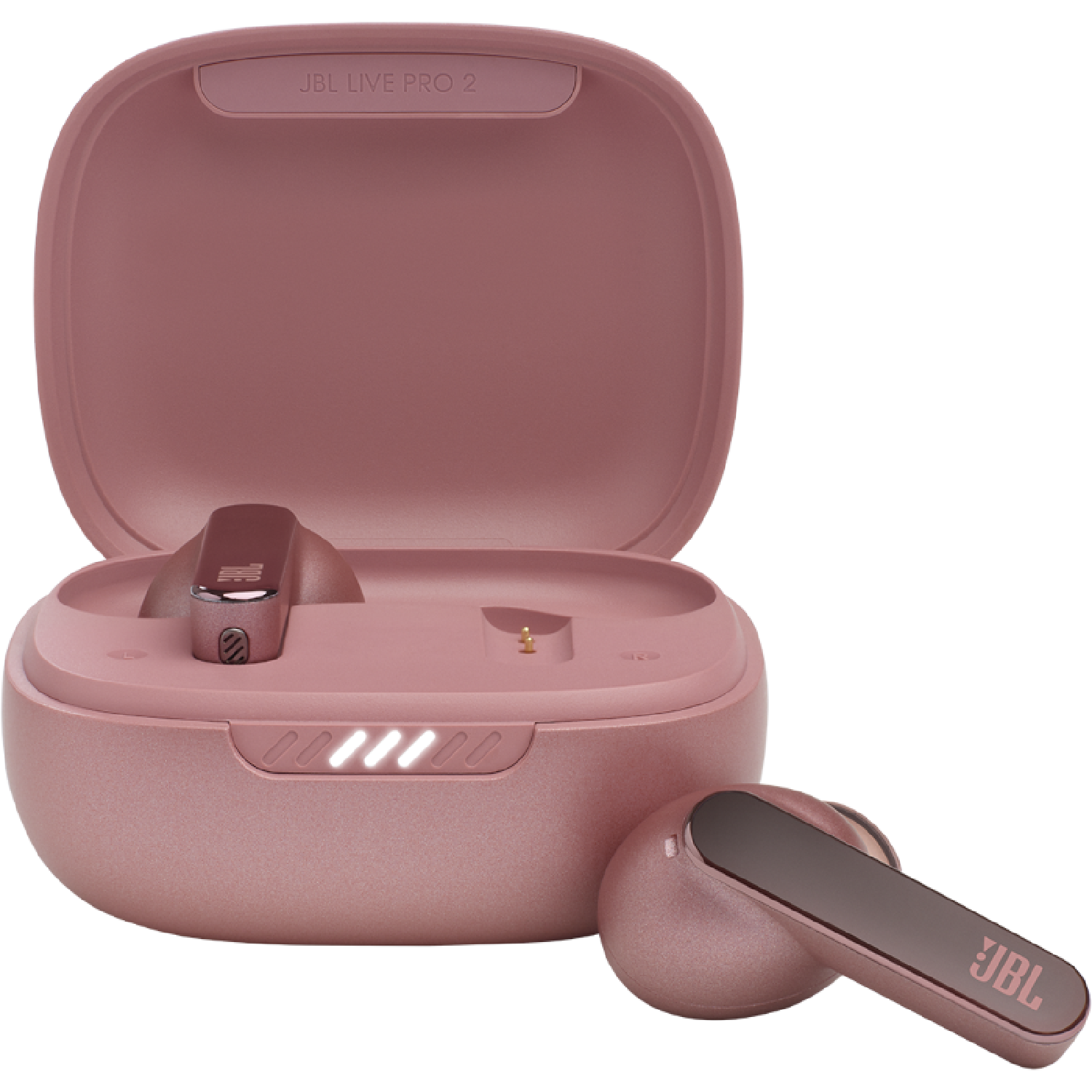 Auriculares JBL LIVE PRO 2 rosas dentro de su estuche de carga, abierto a la derecha.