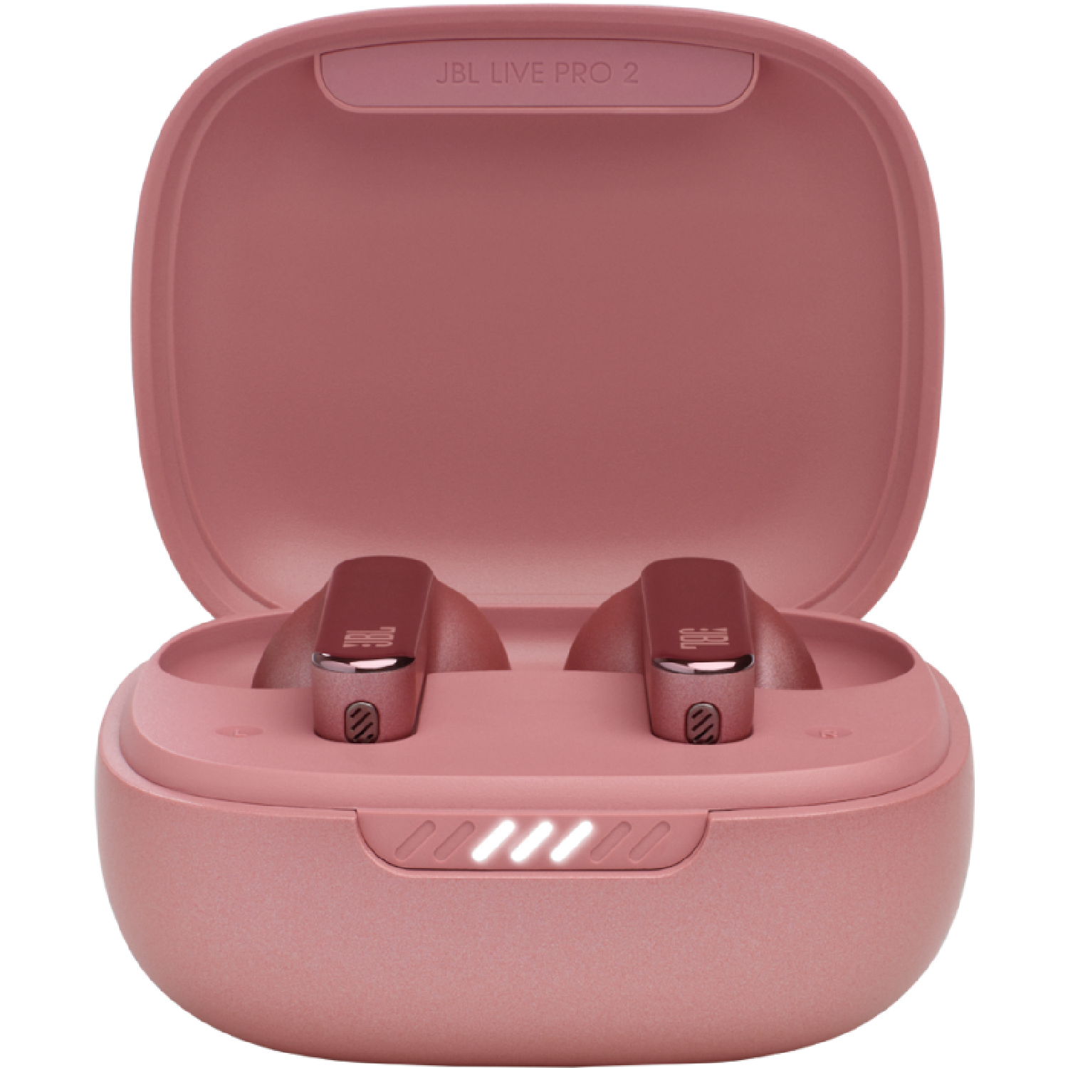 Auriculares JBL Live Pro 2 rosas en un estuche de carga rosa abierto, sobre un fondo negro.