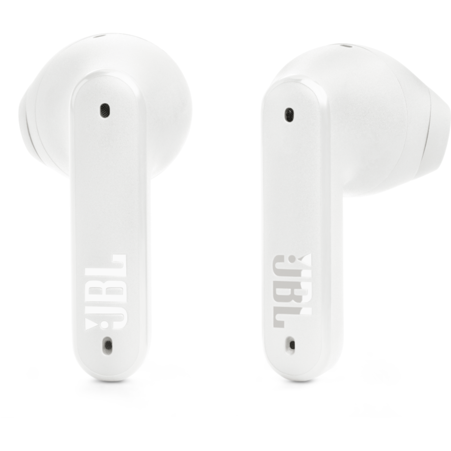 Weiße JBL Ohrhörer. Das JBL Logo ist sichtbar.