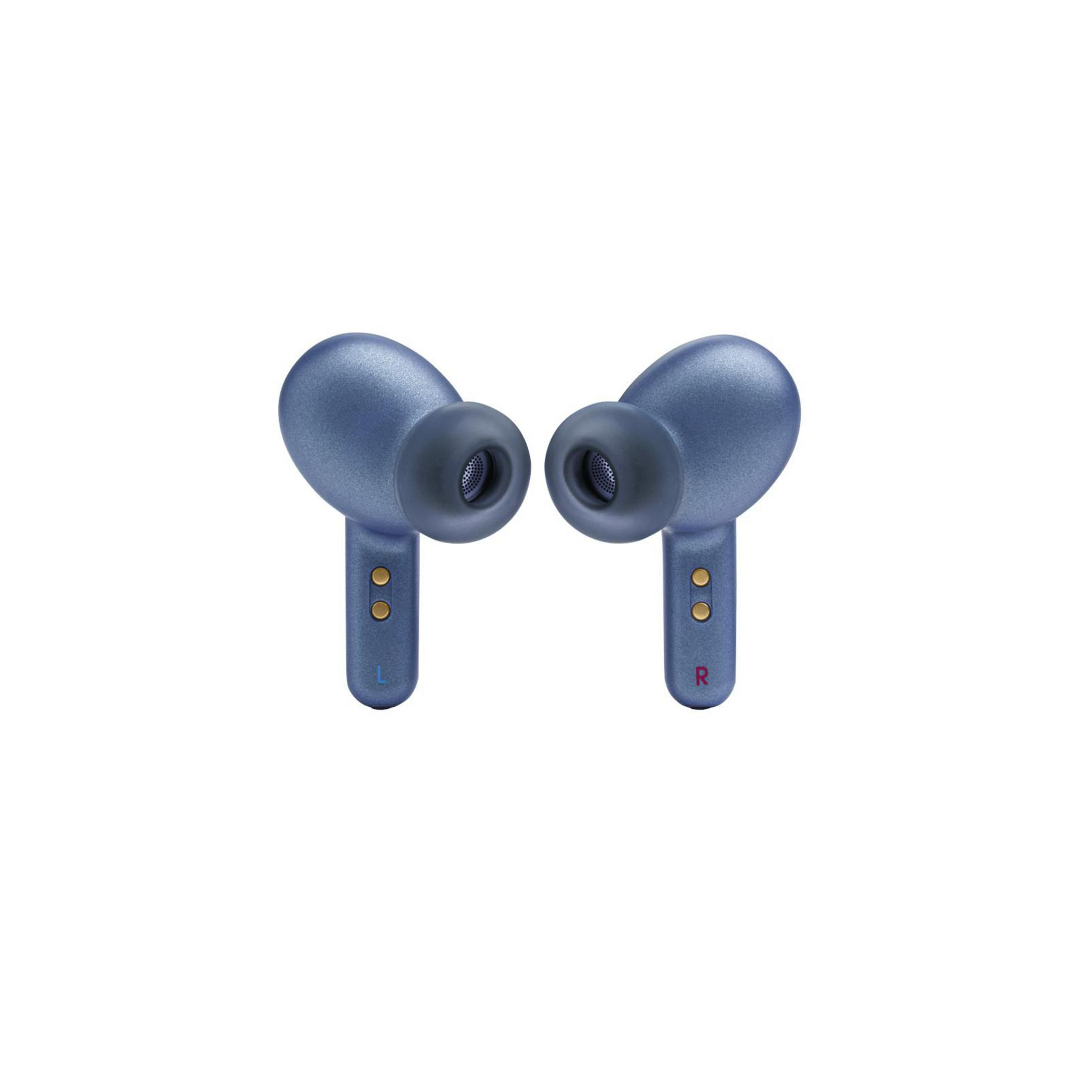 Due auricolari wireless blu con marcature L e R, isolati su sfondo bianco.