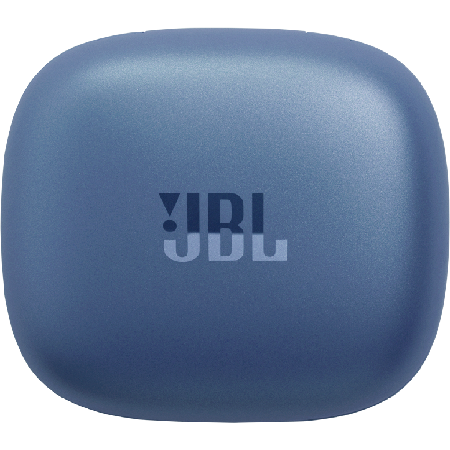 Un primo piano di una custodia per auricolari JBL blu a forma quadrata. Il logo JBL è bianco sulla custodia.