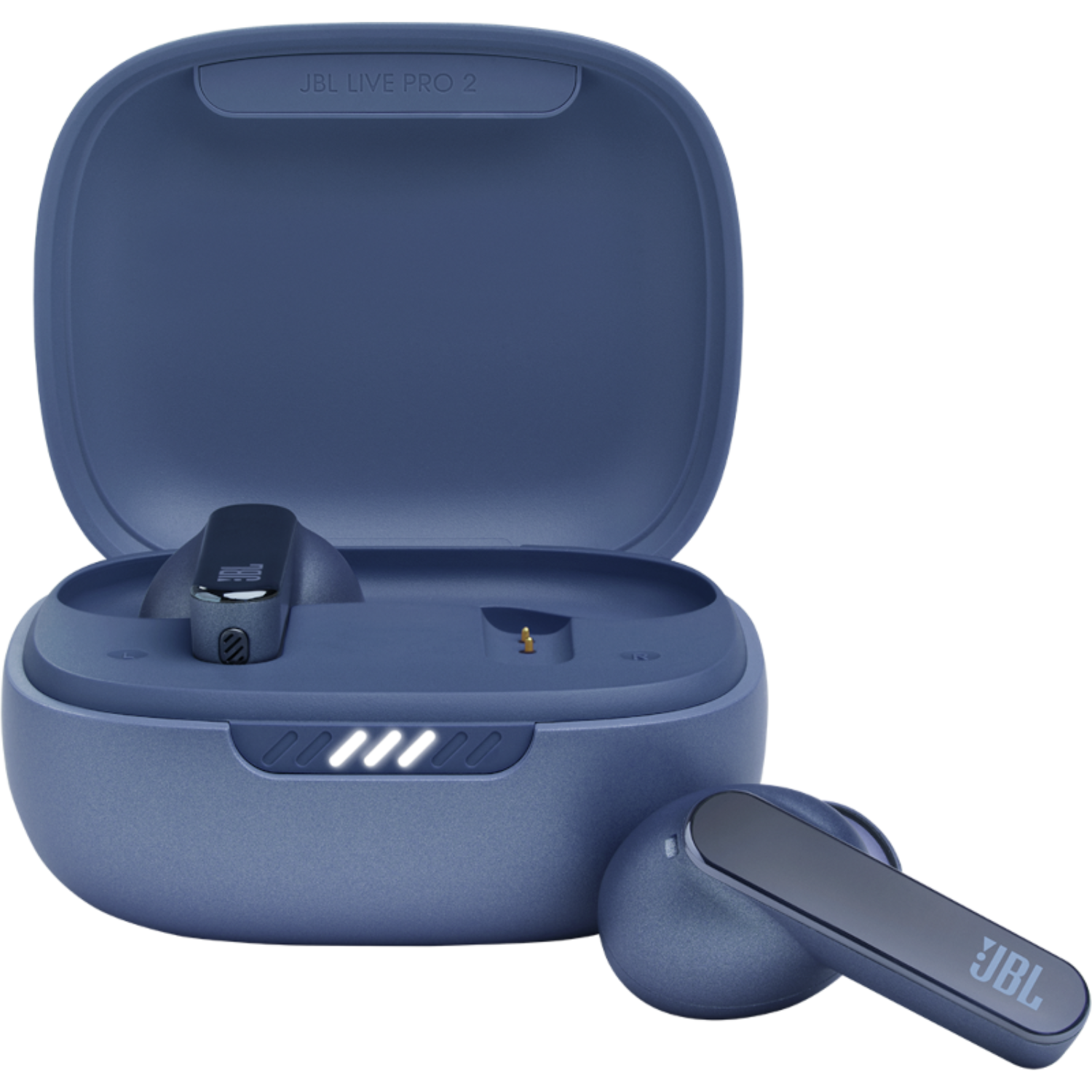 Auricolari JBL Live Pro 2 blu e custodia di ricarica. Un auricolare è nella custodia.