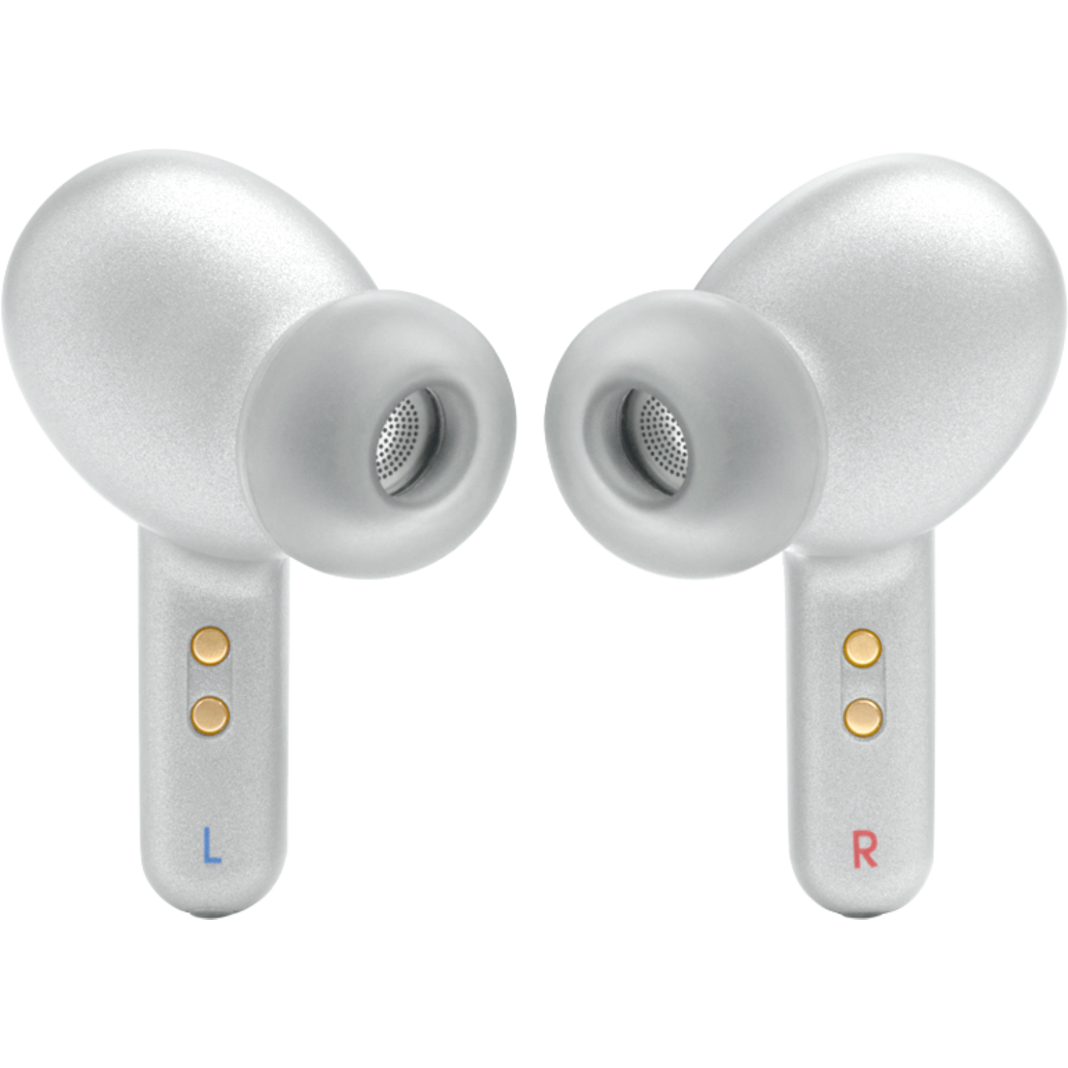 Dos auriculares inalámbricos blancos, marcados L y R, sobre fondo negro.