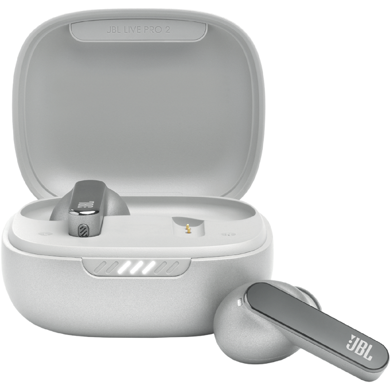 Auriculares grises en un estuche de carga blanco. Un auricular fuera del estuche.