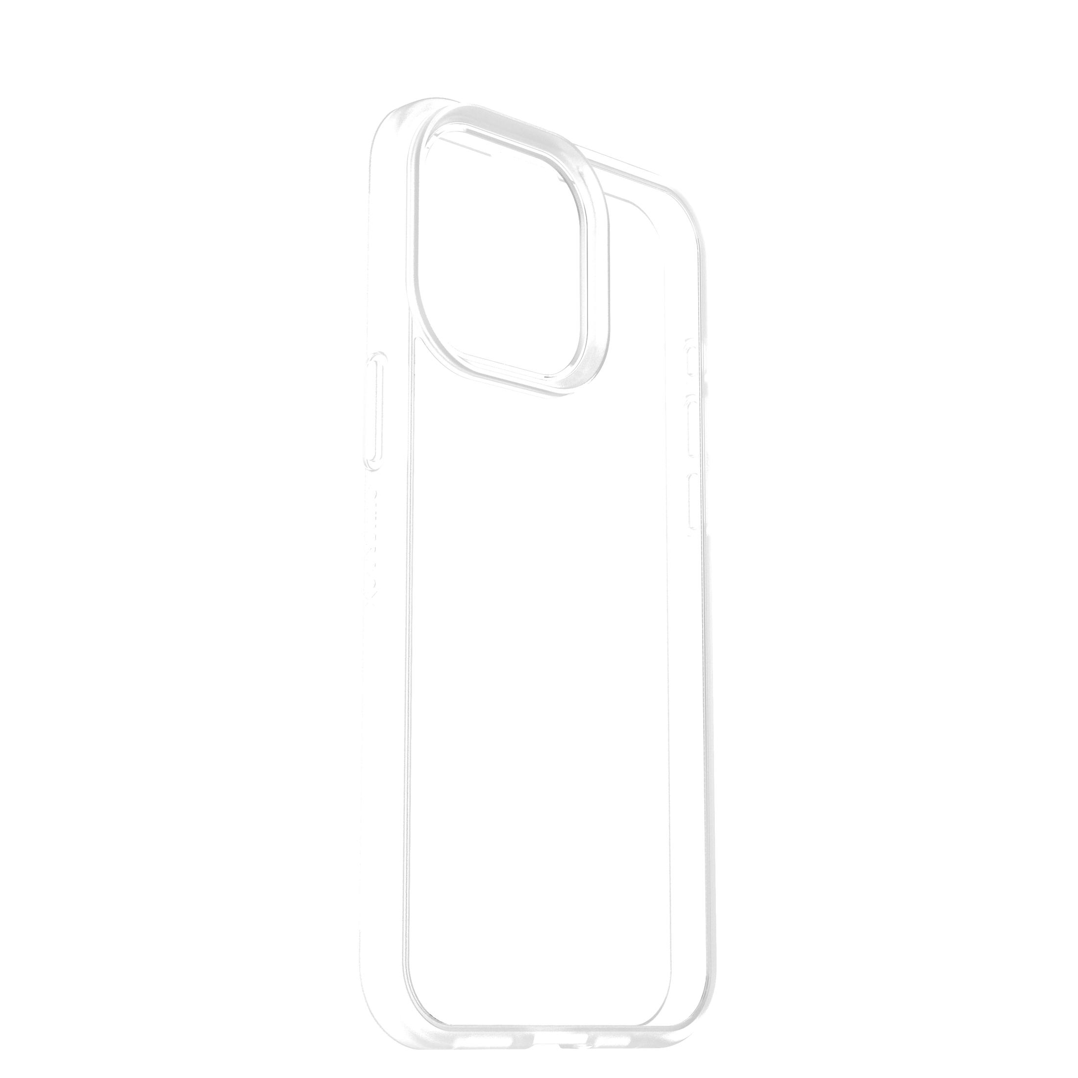 Een doorzichtige telefoonhoes op een witte achtergrond. De hoes is transparant.