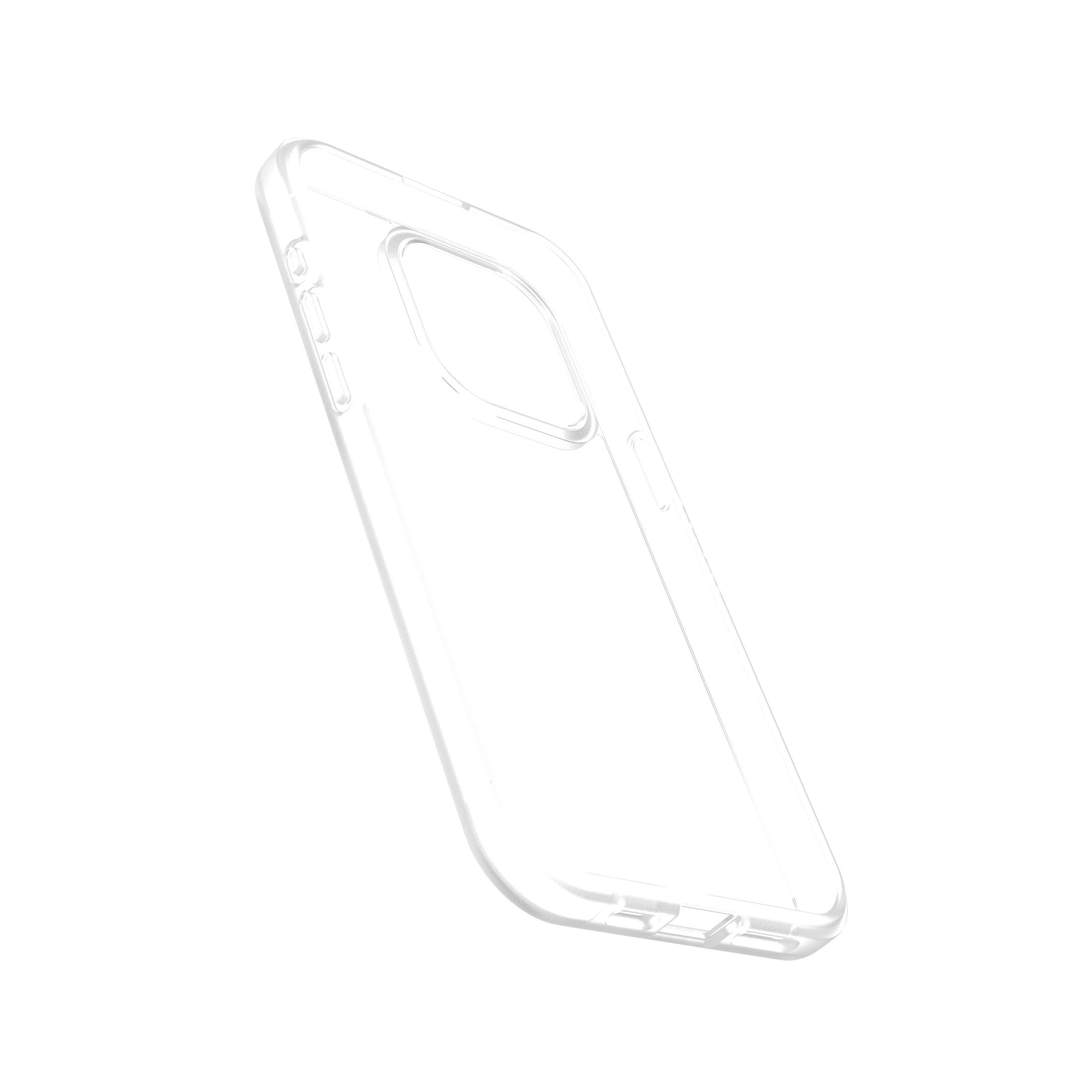 Een doorzichtige telefoonhoes, schuin tegen een witte achtergrond.
