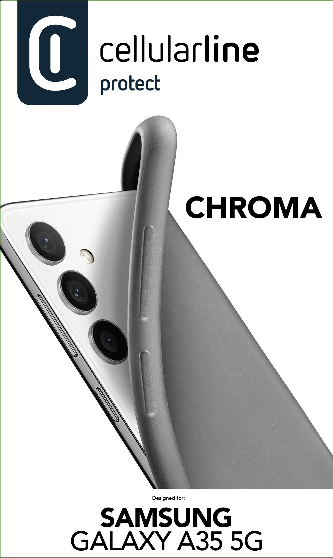 Un telefono in una custodia grigia con il testo 'CHROMA' e 'SAMSUNG GALAXY A35 5G'.