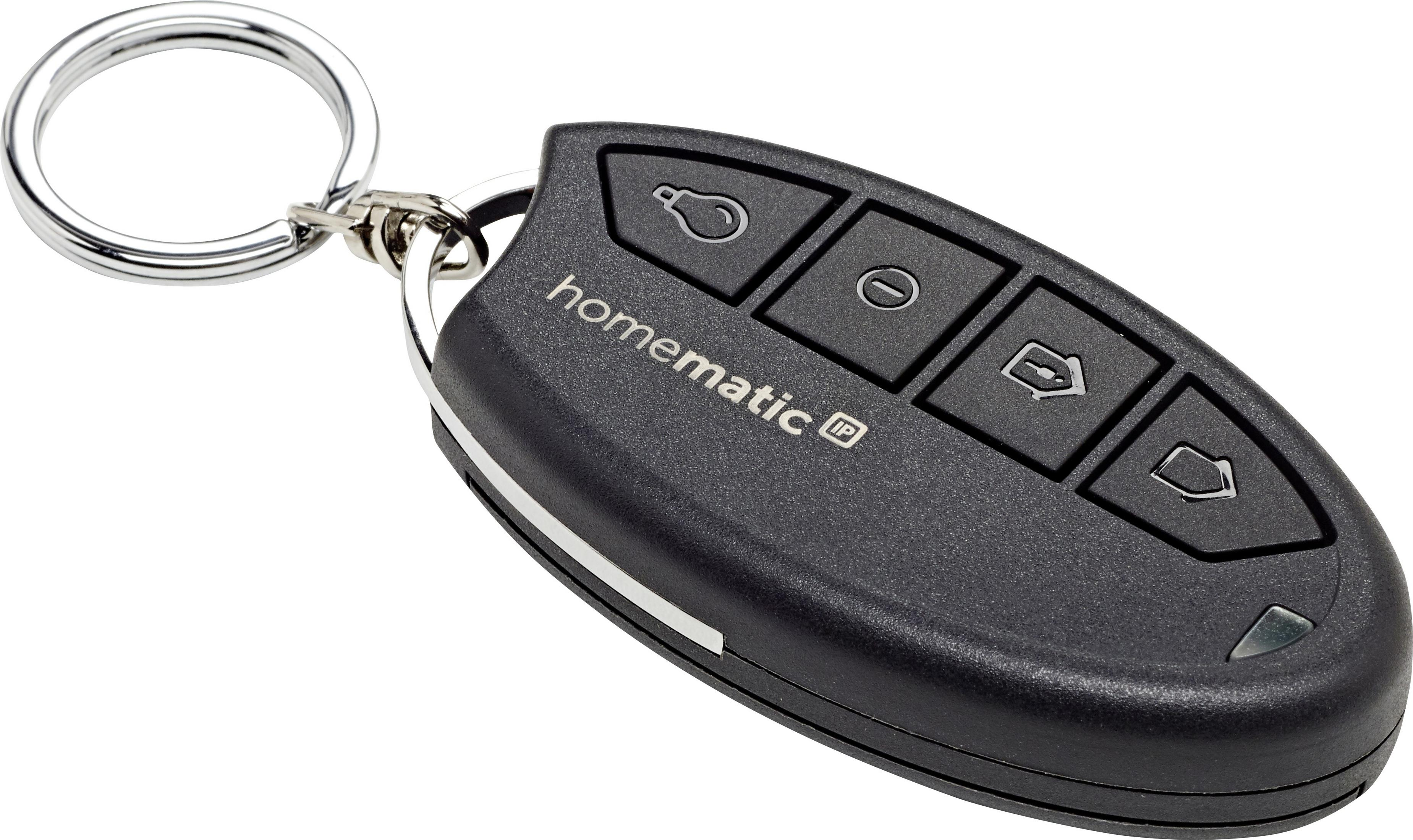 Schwarzer Autoschlüsselanhänger mit Knöpfen und einem silbernen Schlüsselring. Das Wort 'homematic' ist auf dem Anhänger geschrieben.
