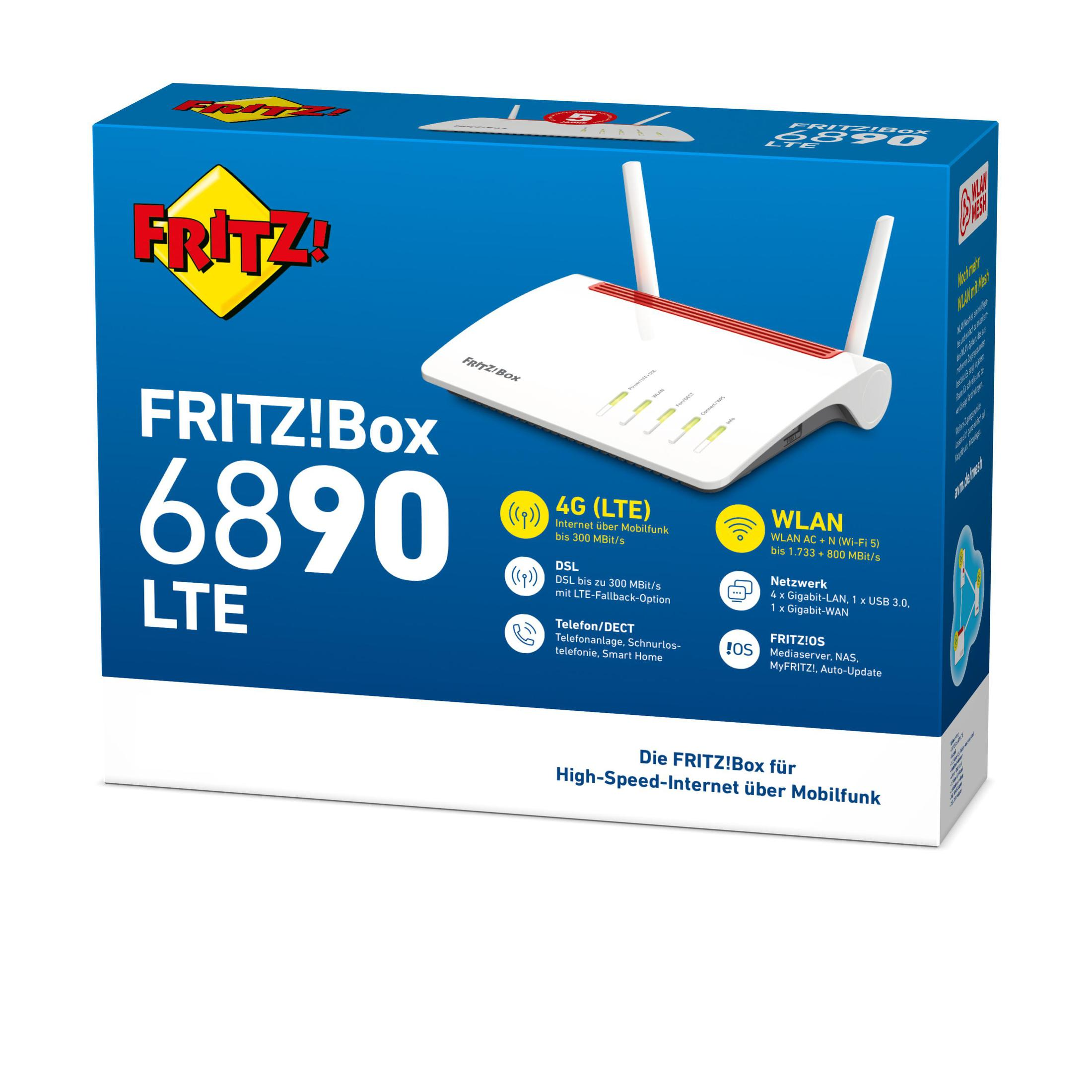 Białe i czerwone pudełko routera FRITZ!Box 6890 LTE, z funkcjami i logo.
