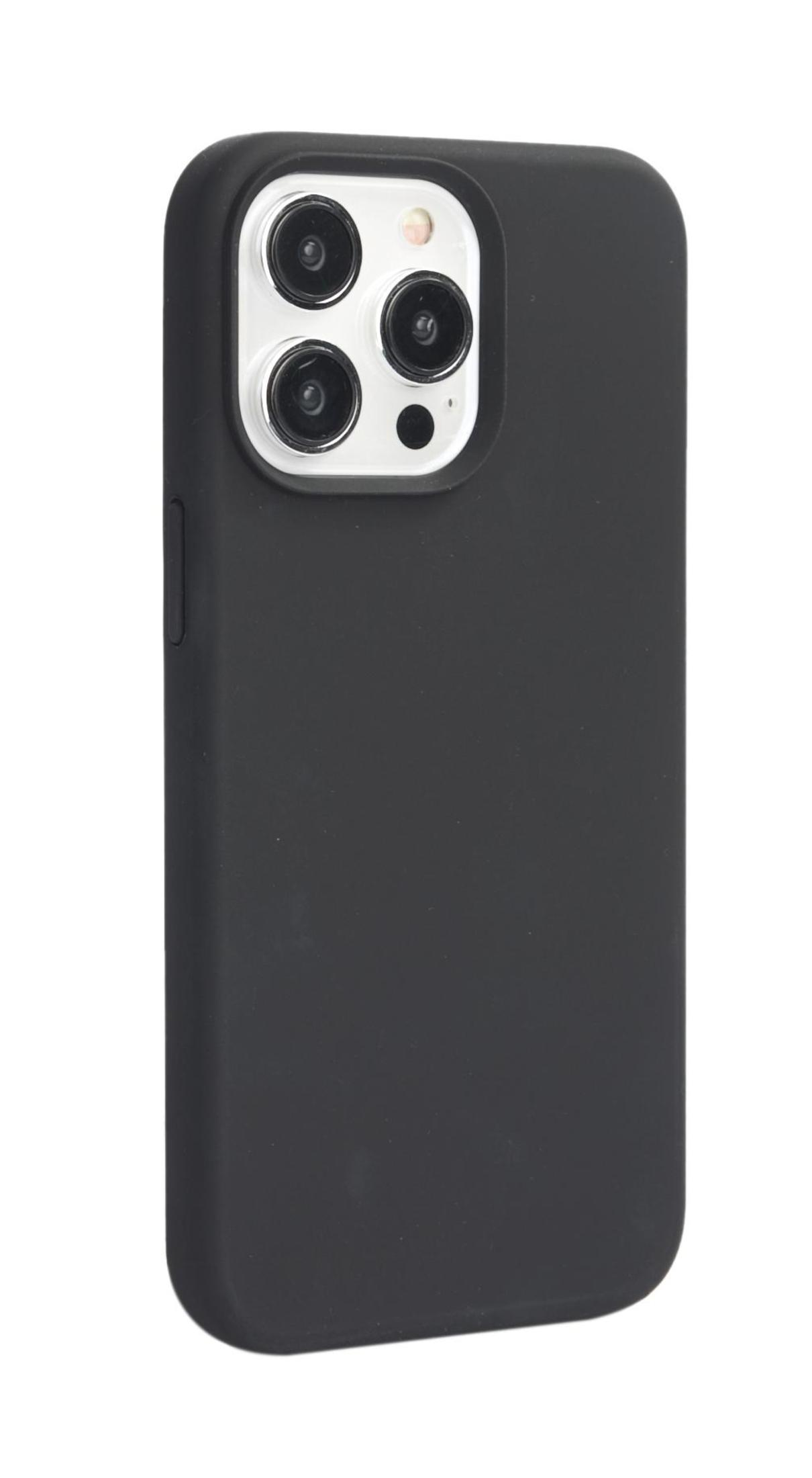 Schwarze Handyhülle mit Kameraaussparung für ein iPhone, bedeckt Seiten und Rückseite.