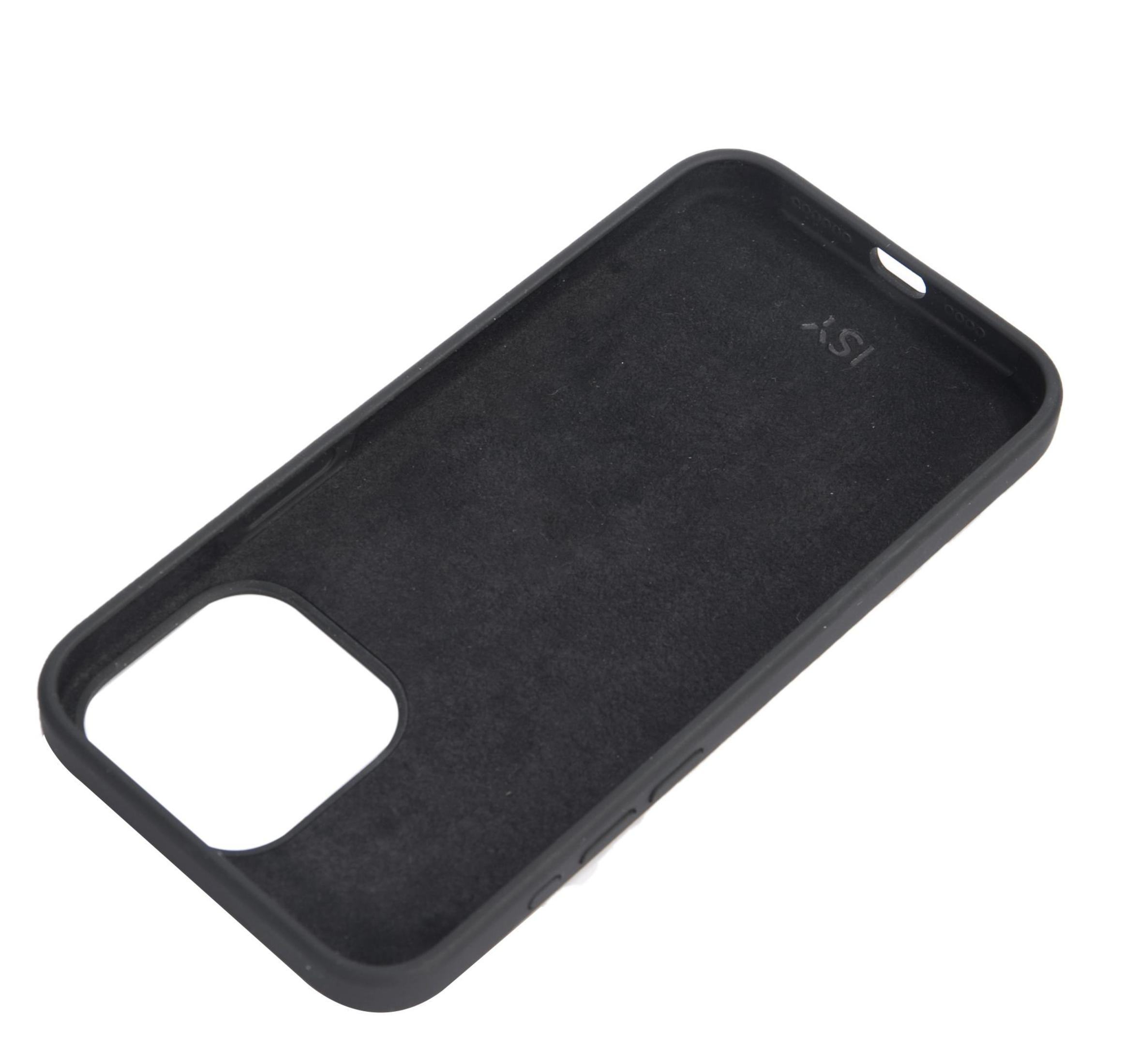 Schwarze iPhone-Hülle. Innenansicht. Schwarzer Innenraum. Weißer Hintergrund.
