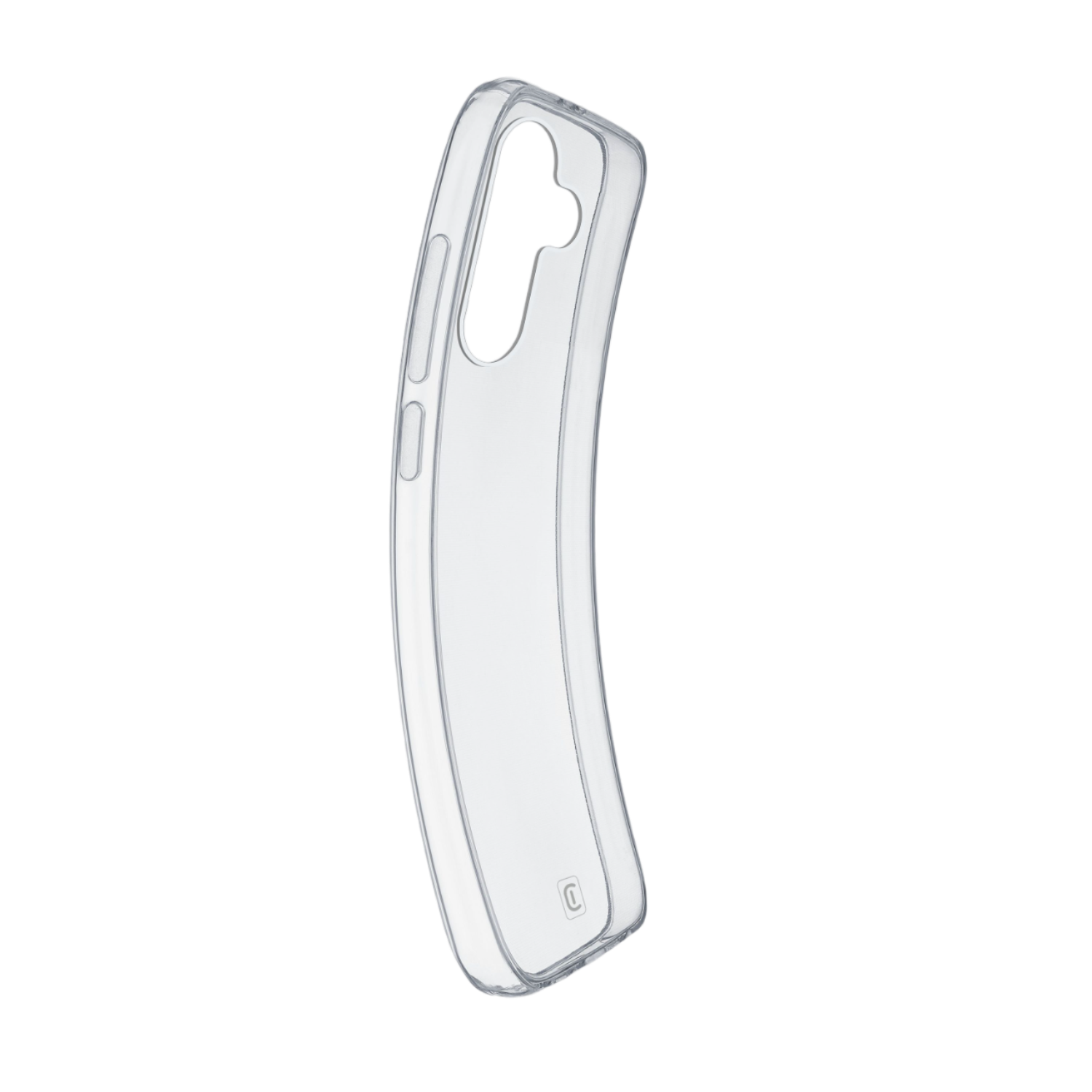Una funda transparente para teléfono, forma curva, aislada sobre un fondo negro. La funda es transparente.