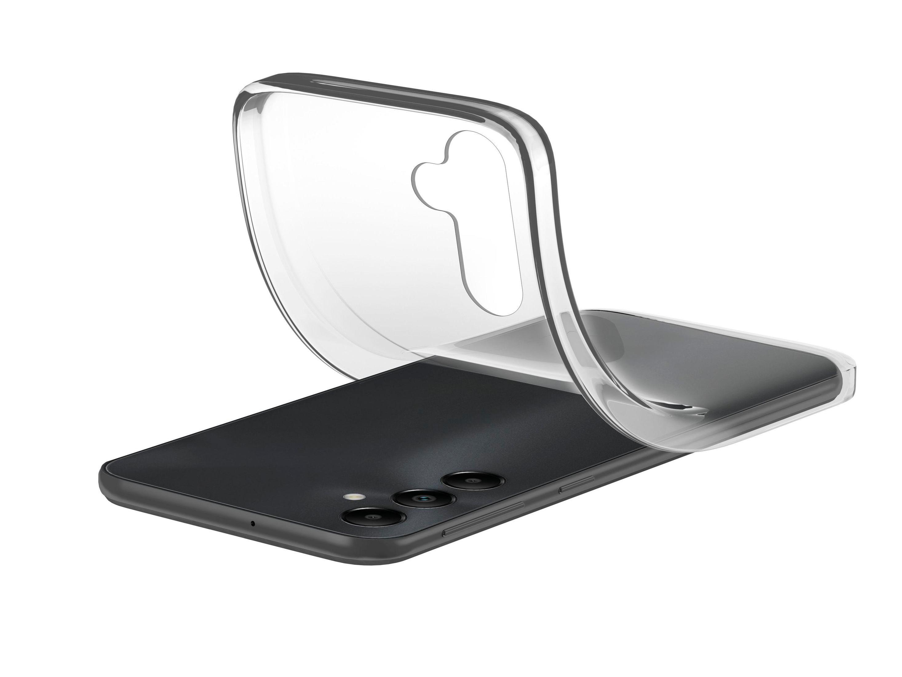 Smartphone nero con una cover trasparente e flessibile che viene posizionata sopra. Isolato su sfondo bianco.