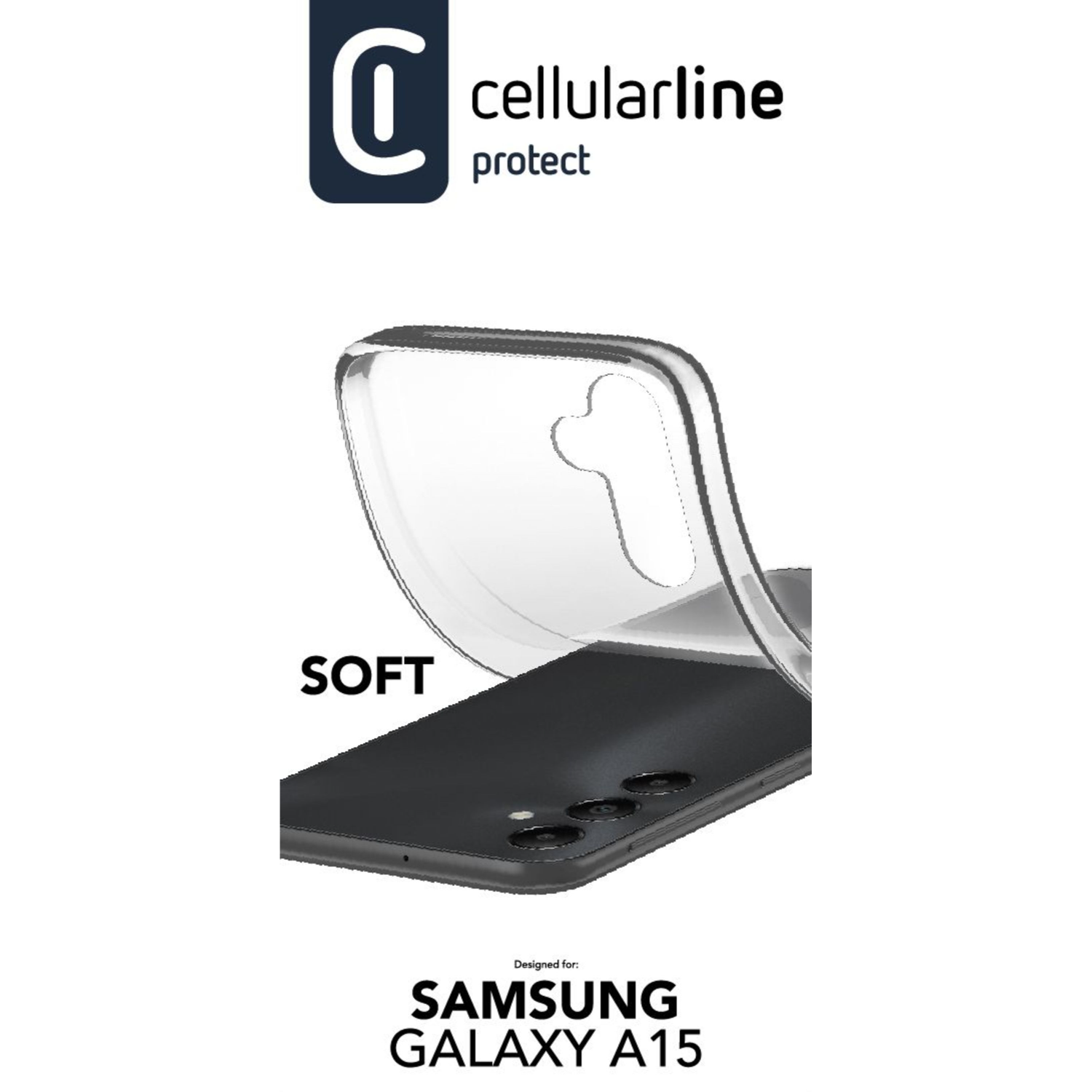 Funda transparente sobre un teléfono negro, con la palabra SOFT.