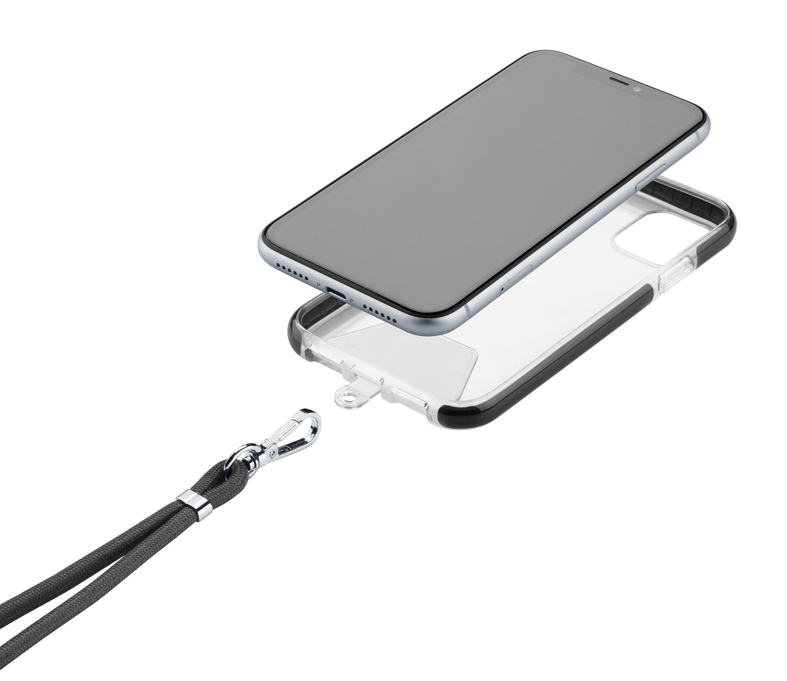 Smartphone-Hülle mit Lanyard-Befestigung, die die Handyhülle, das Telefon und ein Lanyard zeigt.