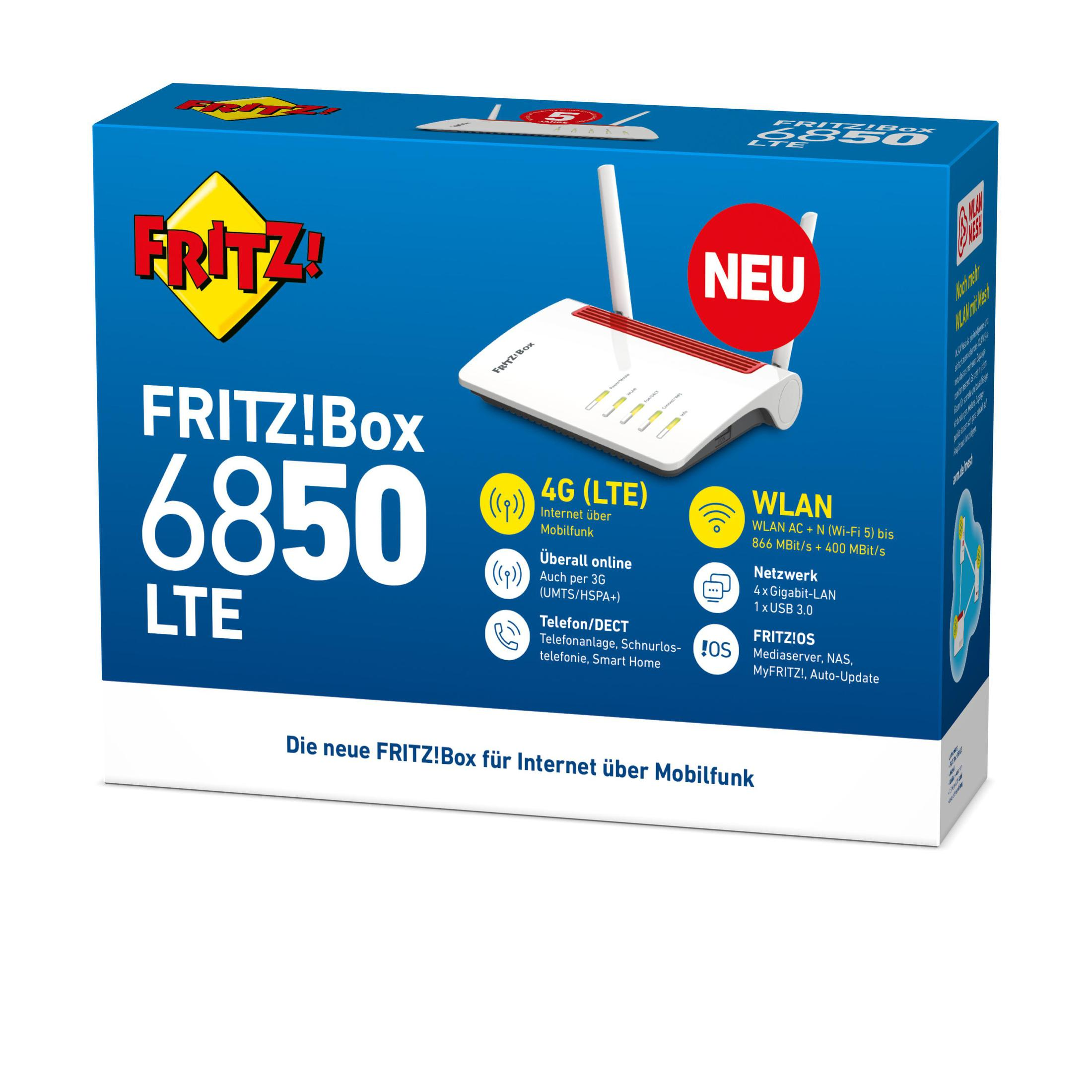 Białe pudełko routera z antenami, z napisem FRITZ!Box 6850 LTE i słowem NEU.