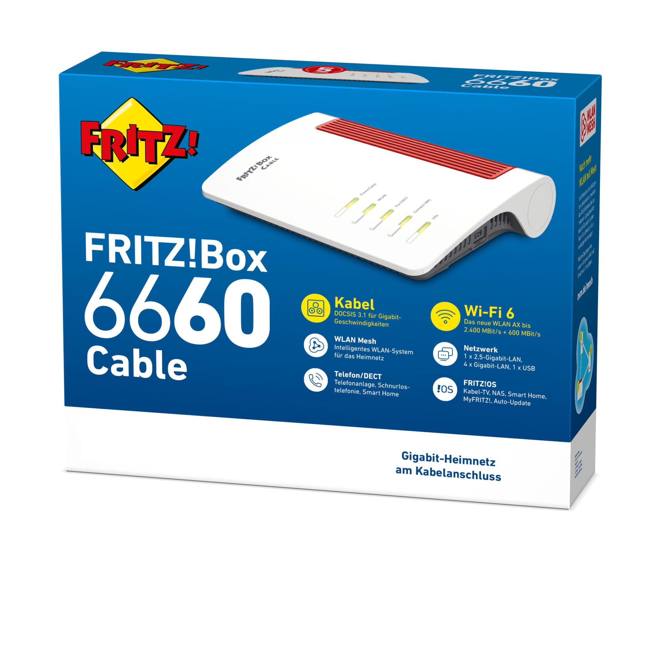Router-Box mit Logos und Text. Weißes und rotes Farbschema.