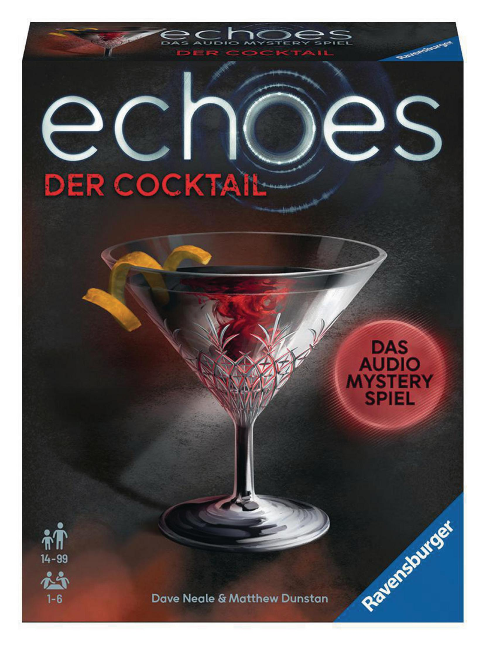 Una scatola di gioco con un bicchiere e un cocktail con testo in tedesco e inglese e il nome del gioco.