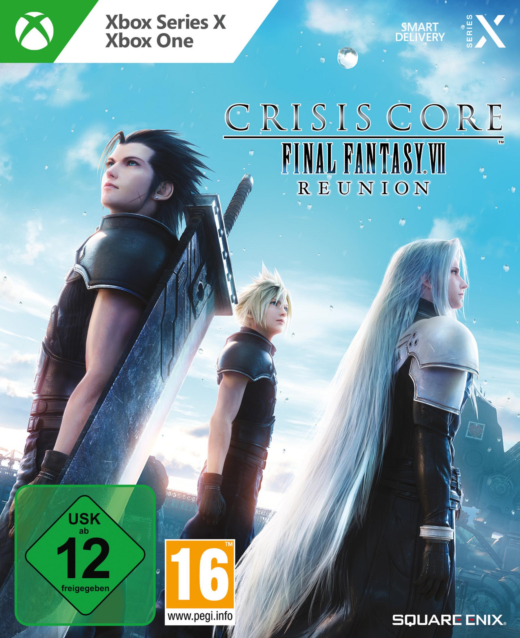 Copertina del gioco con tre personaggi, titolo Crisis Core: Final Fantasy VII e loghi Xbox.