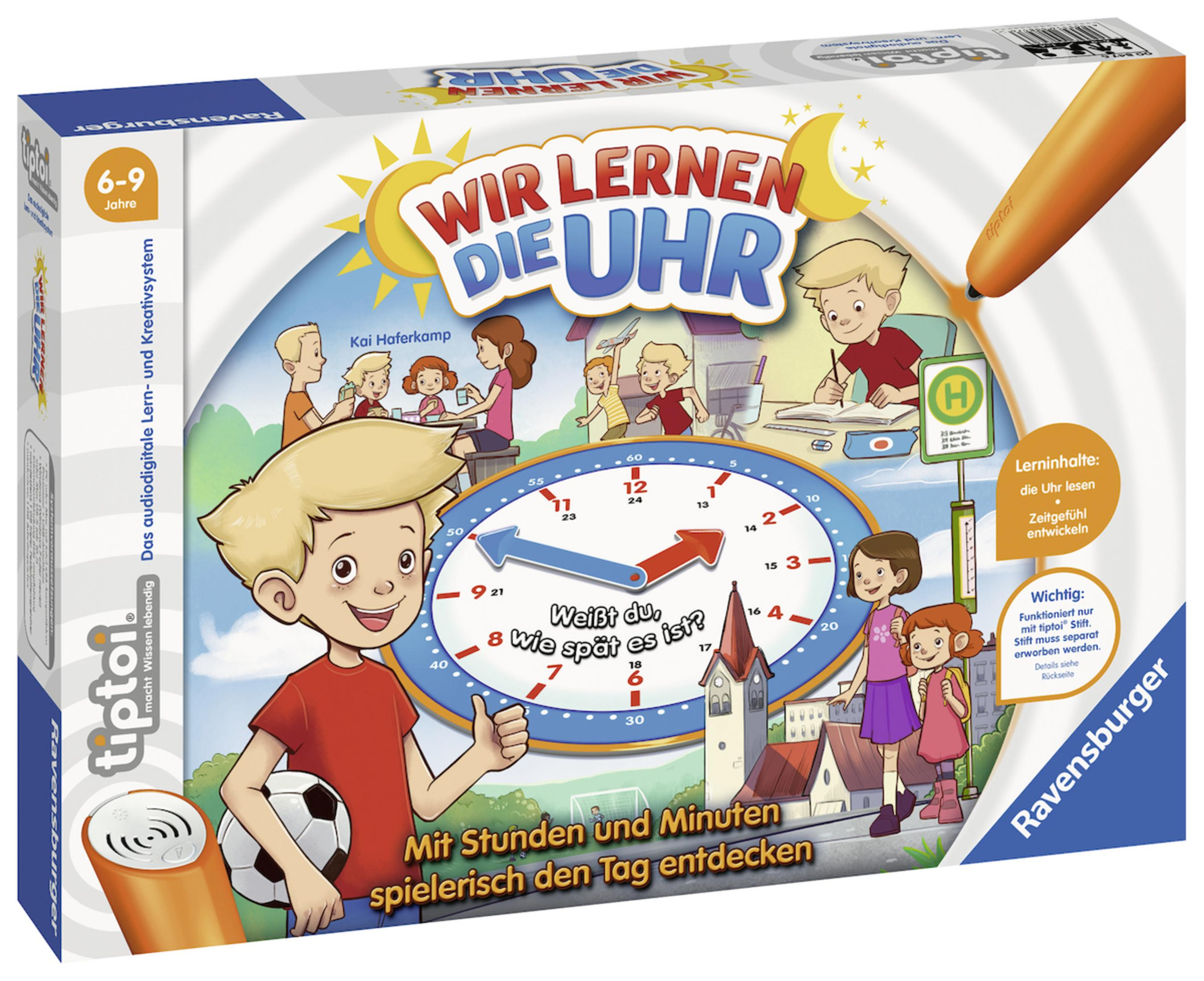 Schachtel eines Lernuhrspiels mit Illustrationen von Kindern und einem Zifferblatt.