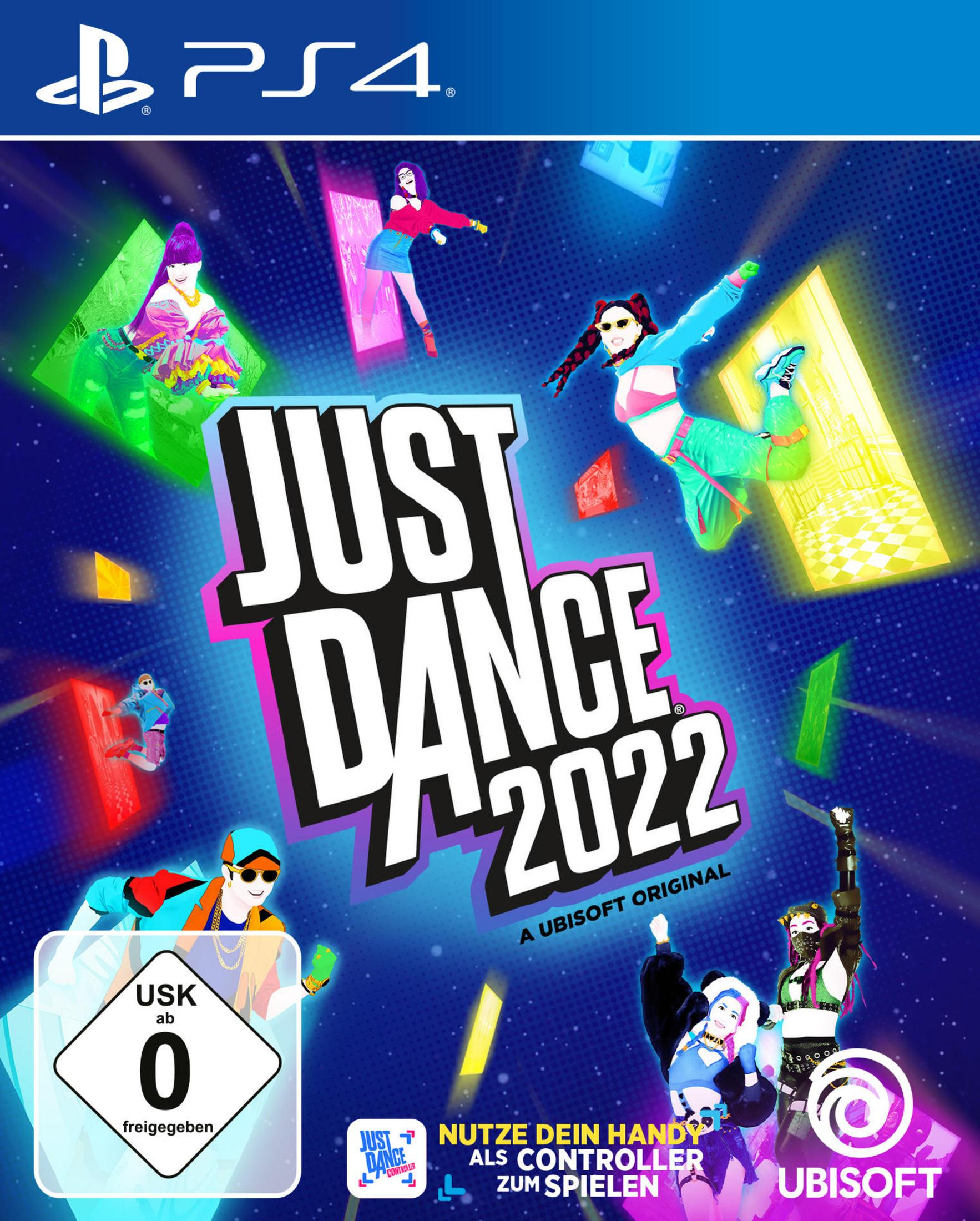 Caja del juego: 'Just Dance 2022' con bailarines con atuendos vibrantes, logotipo de PS4 y logotipo de Ubisoft.