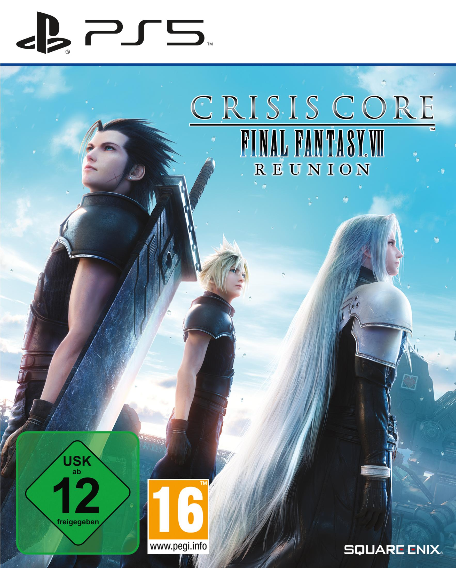Crisis Core: Final Fantasy VII Reunion Spielcover. Enthält drei Charaktere mit blauem Himmel im Hintergrund.