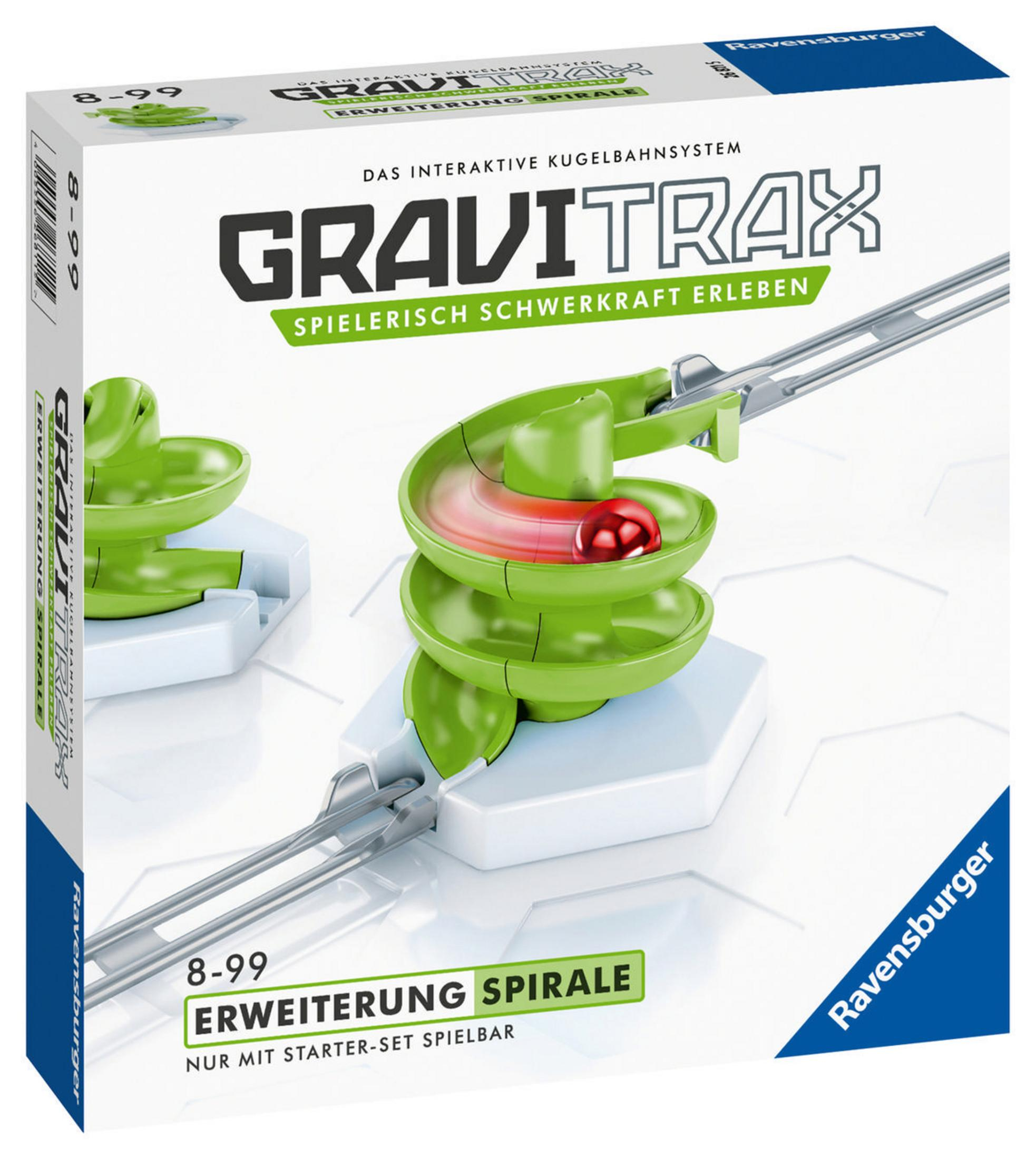Eine GraviTrax-Box, die ein Murmelbahn-Set mit Strecke und einer roten Murmel zeigt.
