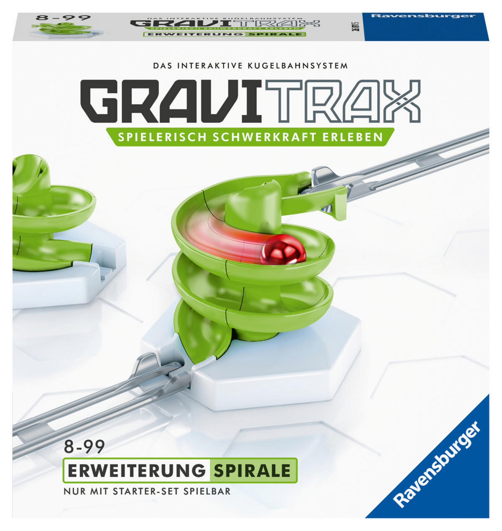 GraviTrax-Box: Murmelbahn, grüne Strecke, rote Murmel und Details.