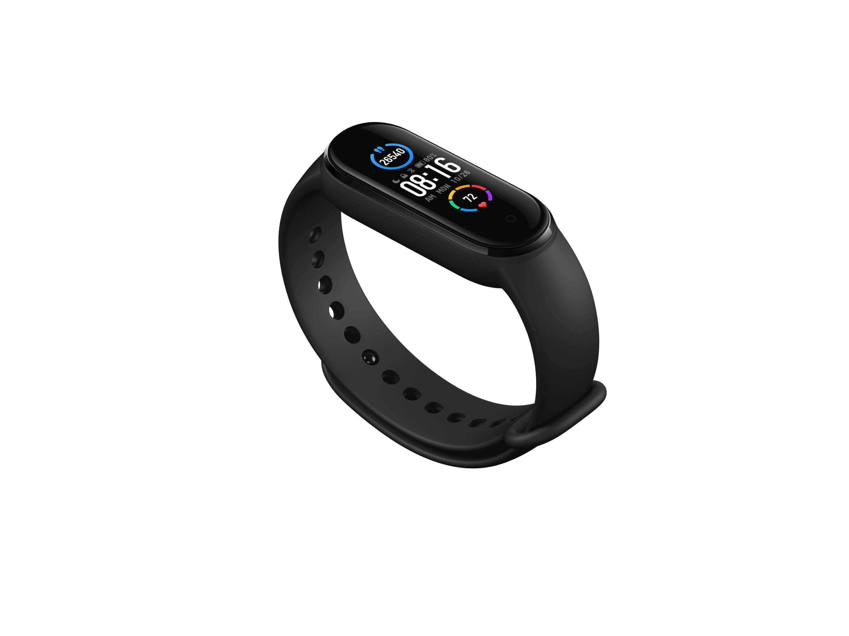 Pulsera rastreadora de fitness negra con pantalla digital, fondo negro.