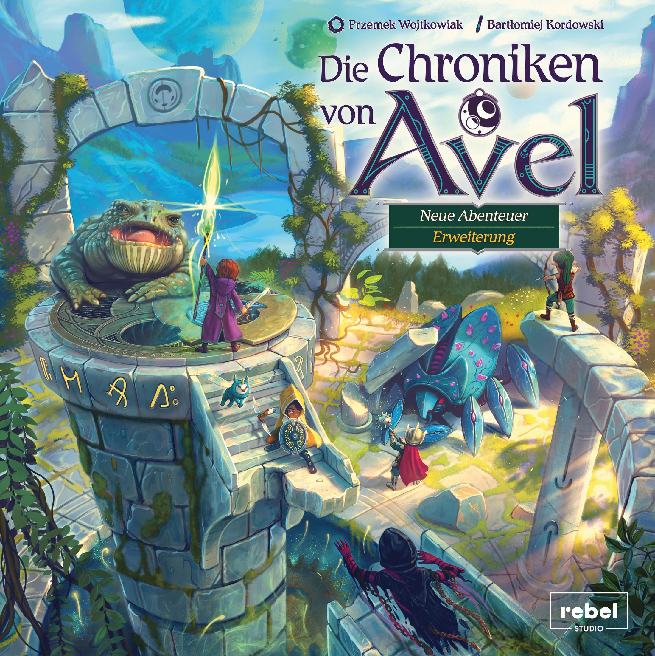 Brettspielbox 'Die Chroniken von Avel' mit Fantasy-Artwork von Charakteren und einem Frosch.