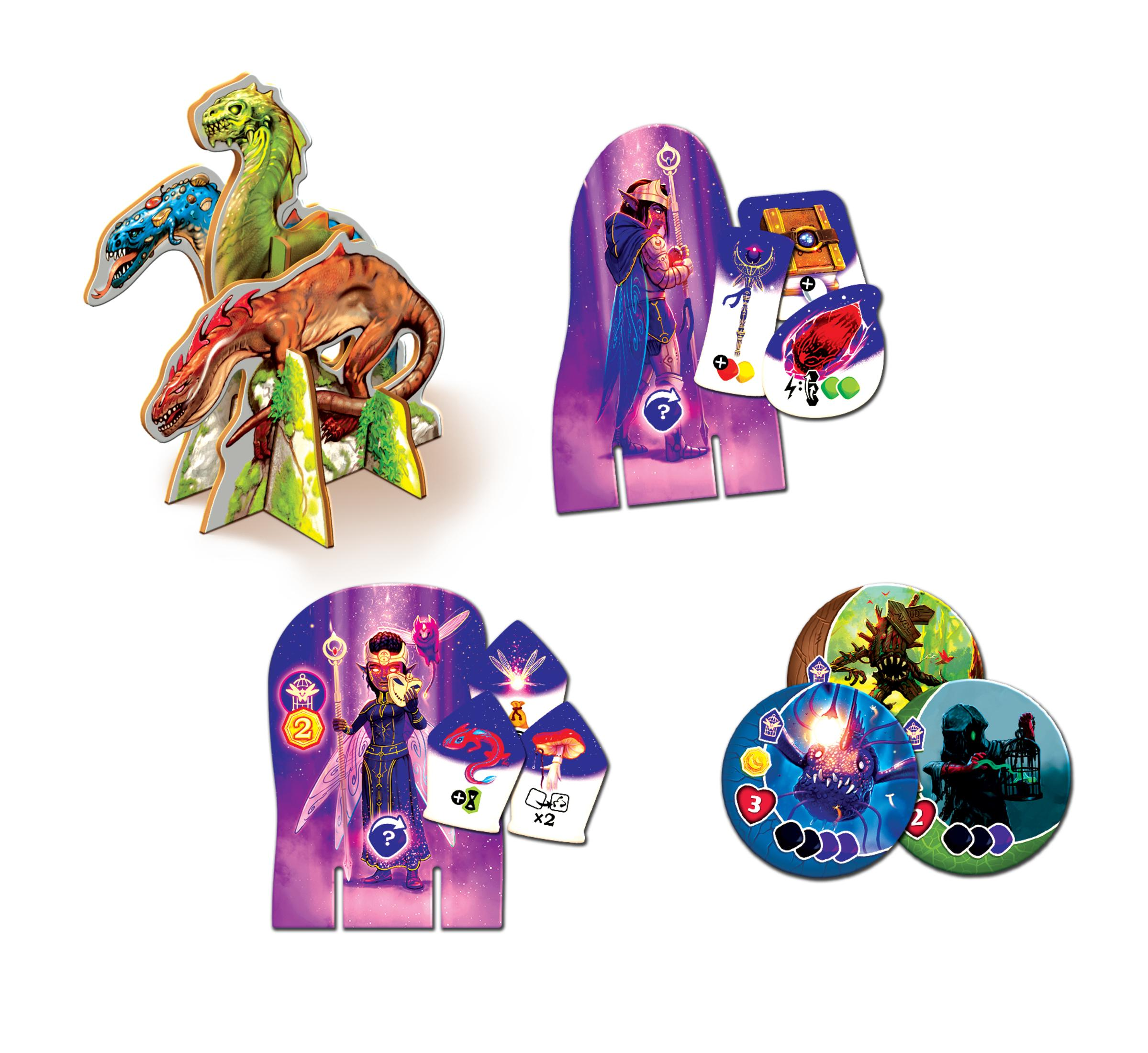 Spielsteine von Dinosauriern, Charakteren und Spielmarken auf weißem Grund.