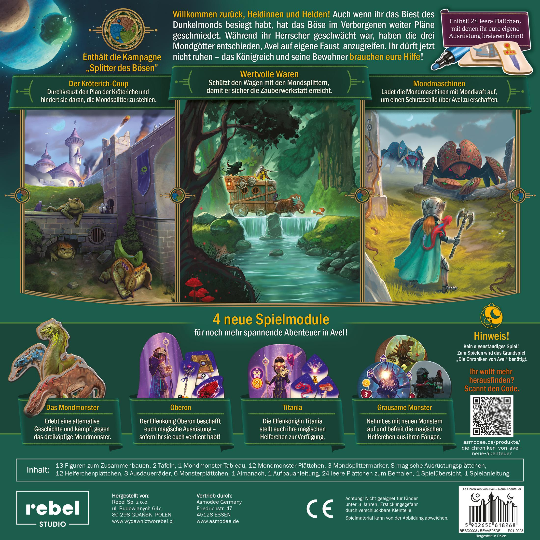 Brettspiel-Box mit mehreren Paneelen, Illustrationen und Text auf weißem Grund.