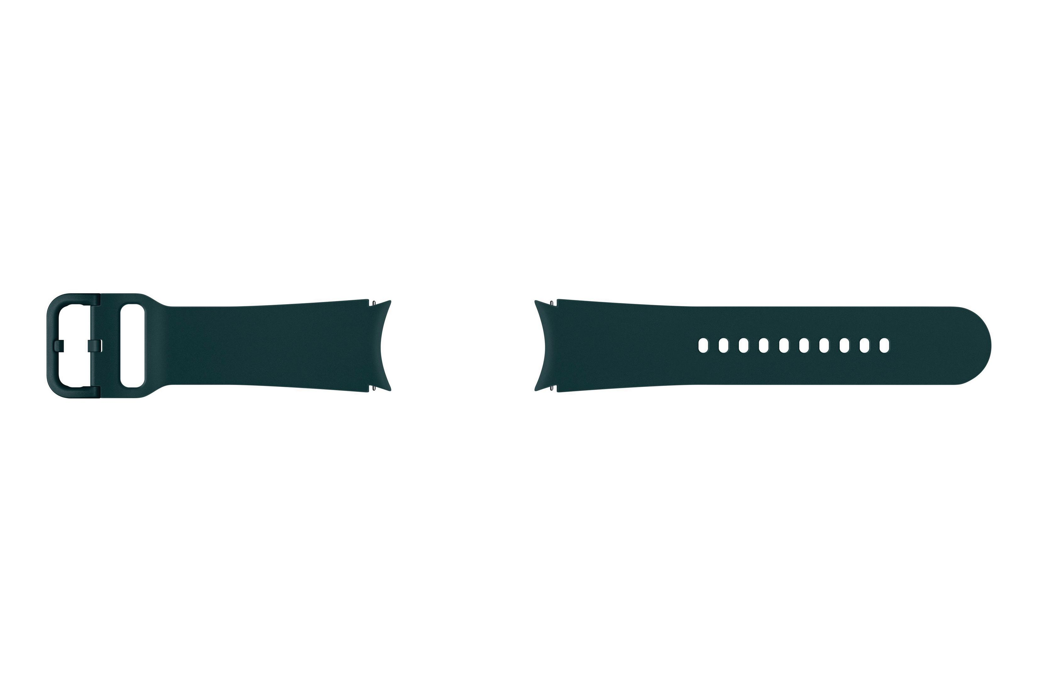 Cinturino per smartwatch verde scuro. Dettaglio fibbia, fori perforati, staccato, isolato su bianco.