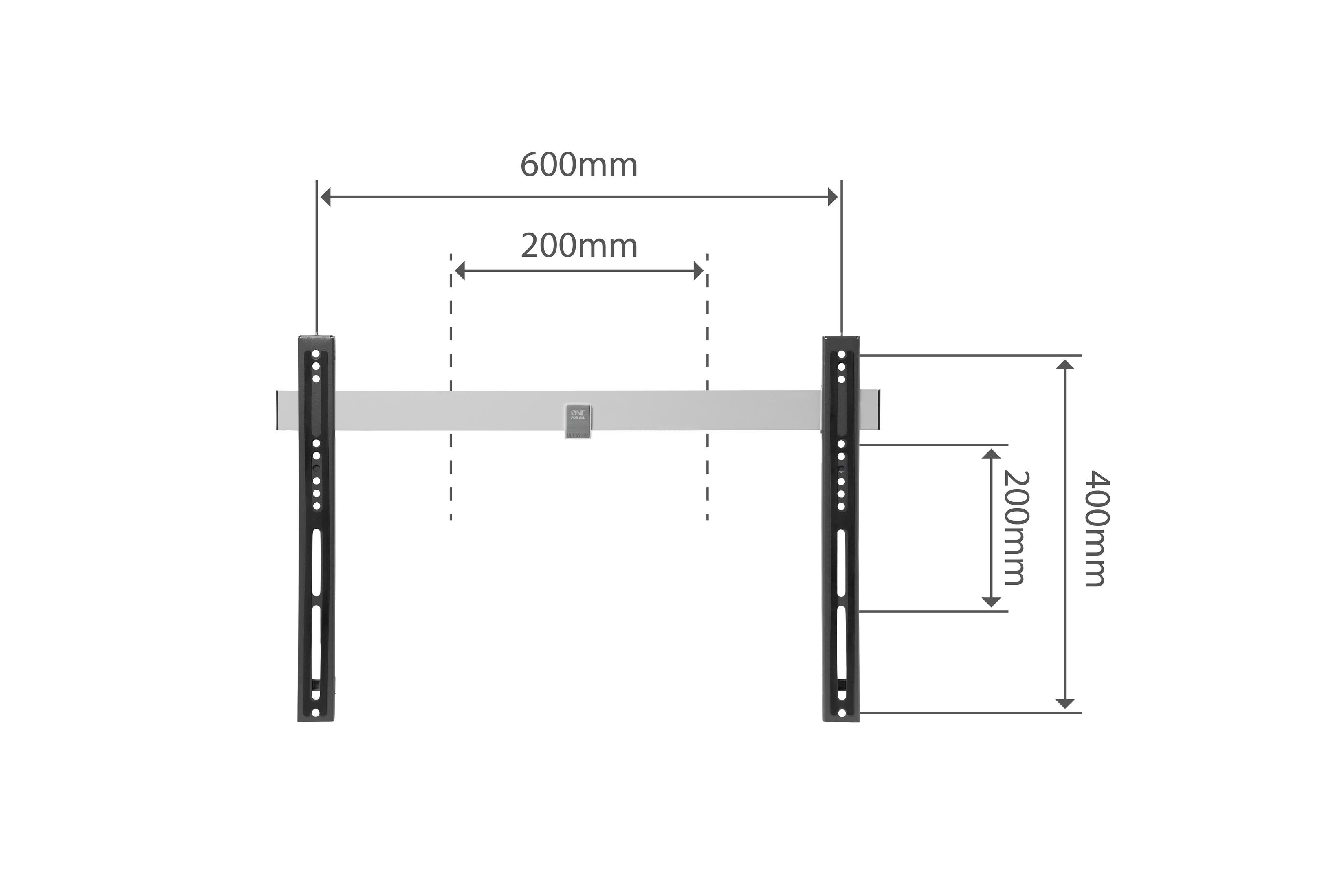 TV-Wandhalterung mit Maßen: 600 mm Breite, 400 mm Höhe und 200 mm zwischen den Halterungen.