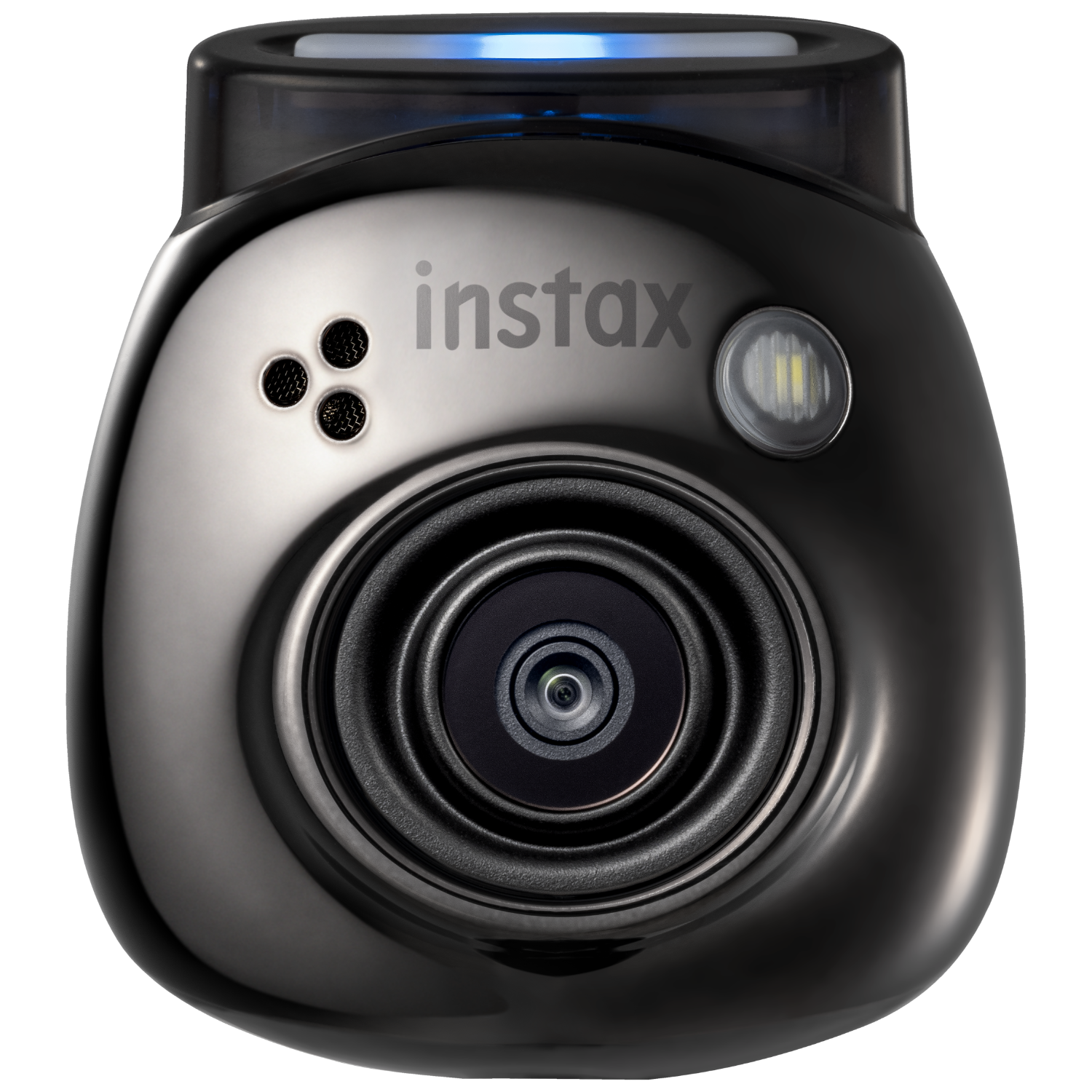 Czarny aparat Instax z obiektywem, lampą błyskową i górnym światłem. Na czarnym tle.