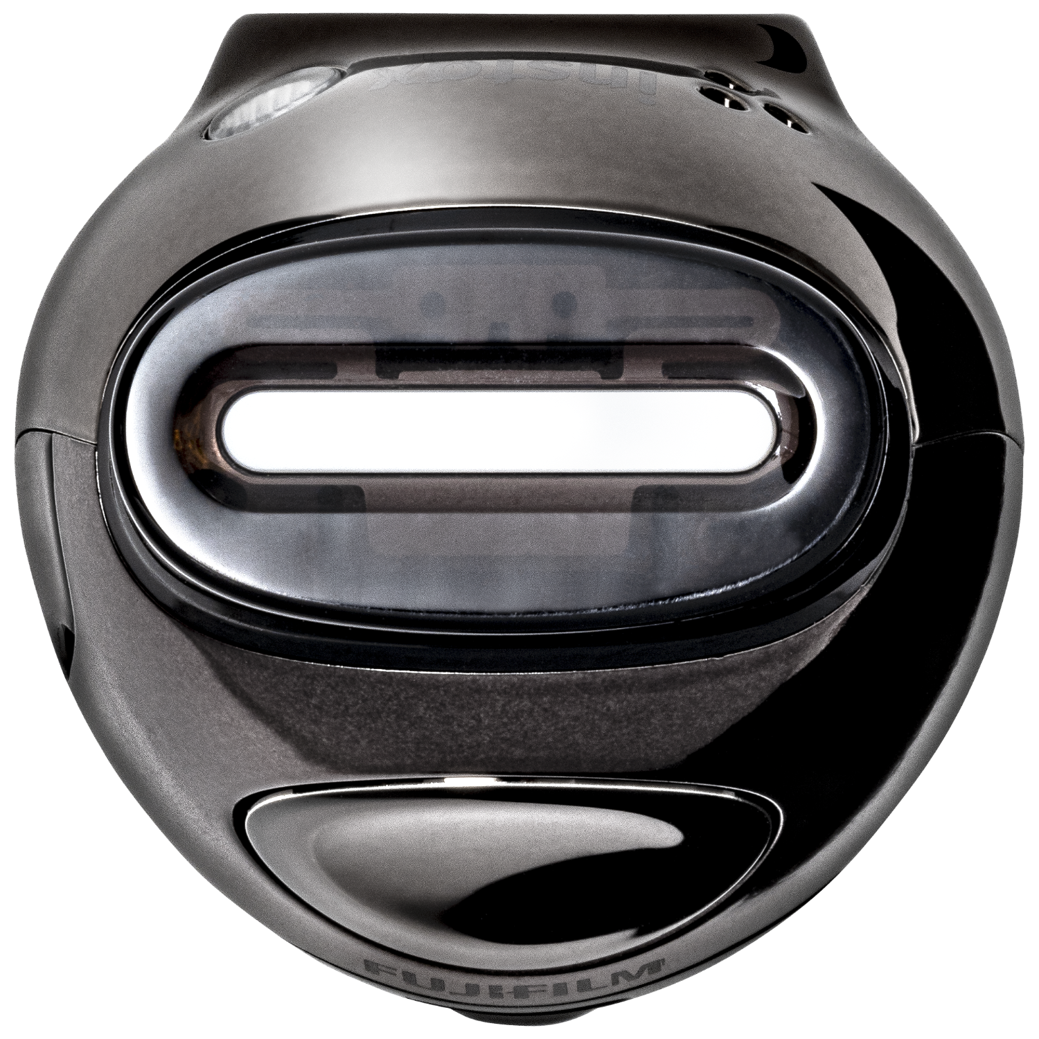 Urządzenie w kształcie aparatu. Czarny i srebrny kolor. Posiada wyświetlacz.