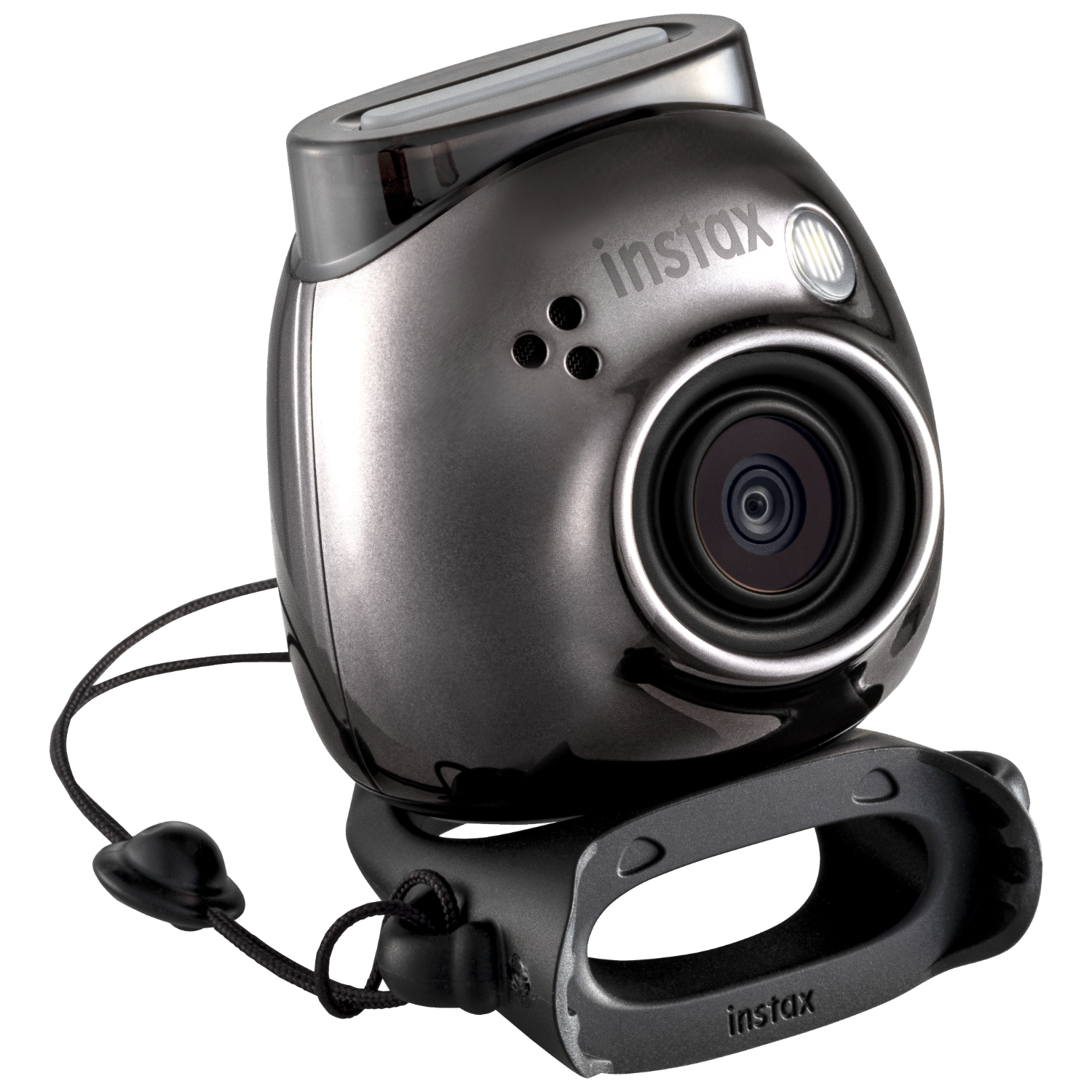 Czarny aparat Instax z obiektywem i paskiem na nadgarstek. Ma błyszczącą powierzchnię.