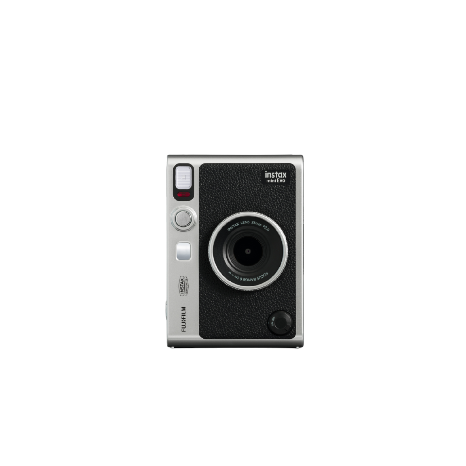 Aparat Instax Mini Evo. Czarny i srebrny, prostokątny kształt. Obiektyw na środku. Widoczne logo Instax i Fujifilm.