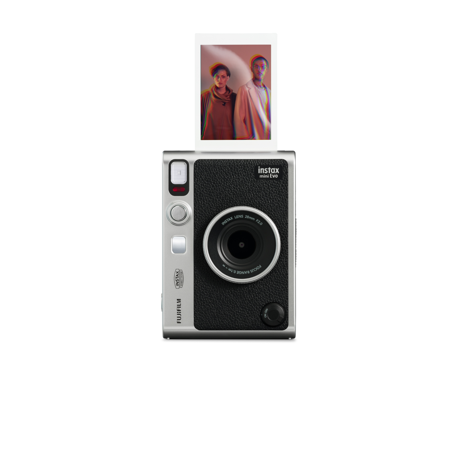 Srebrny aparat Instax Mini Evo z wydrukowanym zdjęciem pary.