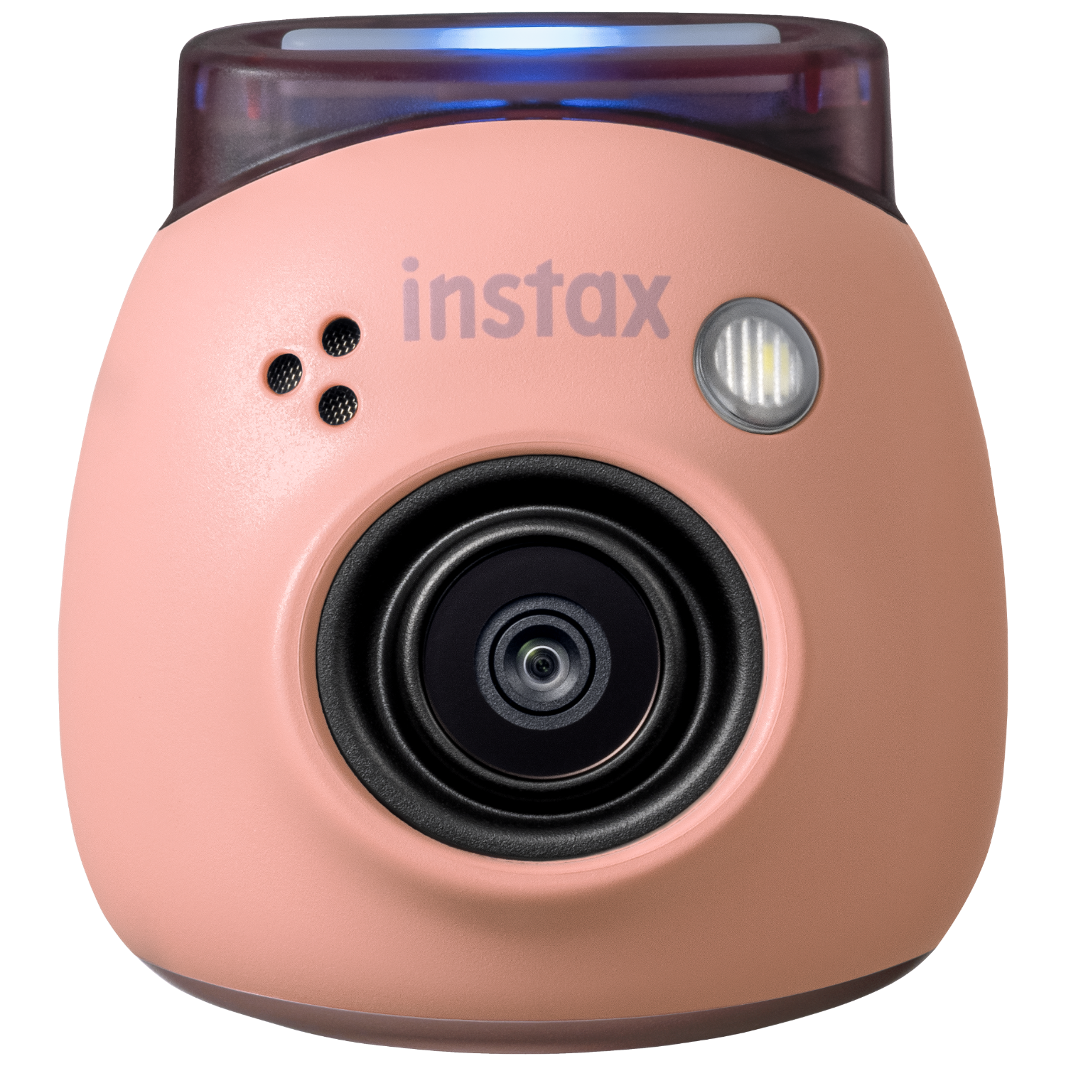 Różowy aparat Instax, z obiektywem, lampą błyskową i przyciskami. Niebieskie światło na górze. Zaokrąglony design.
