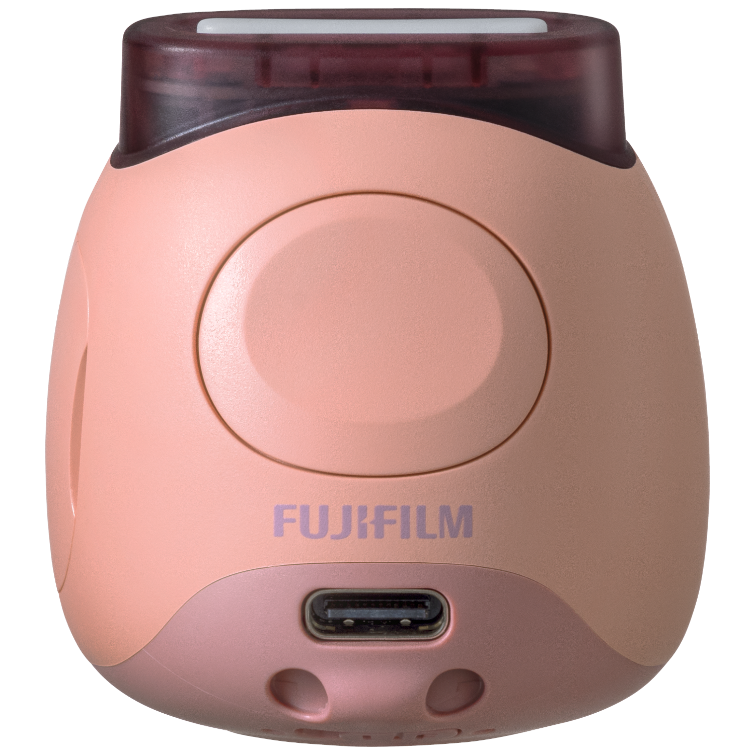 Różowo-brązowy aparat cyfrowy Fujifilm z portem USB na czarnej powierzchni.