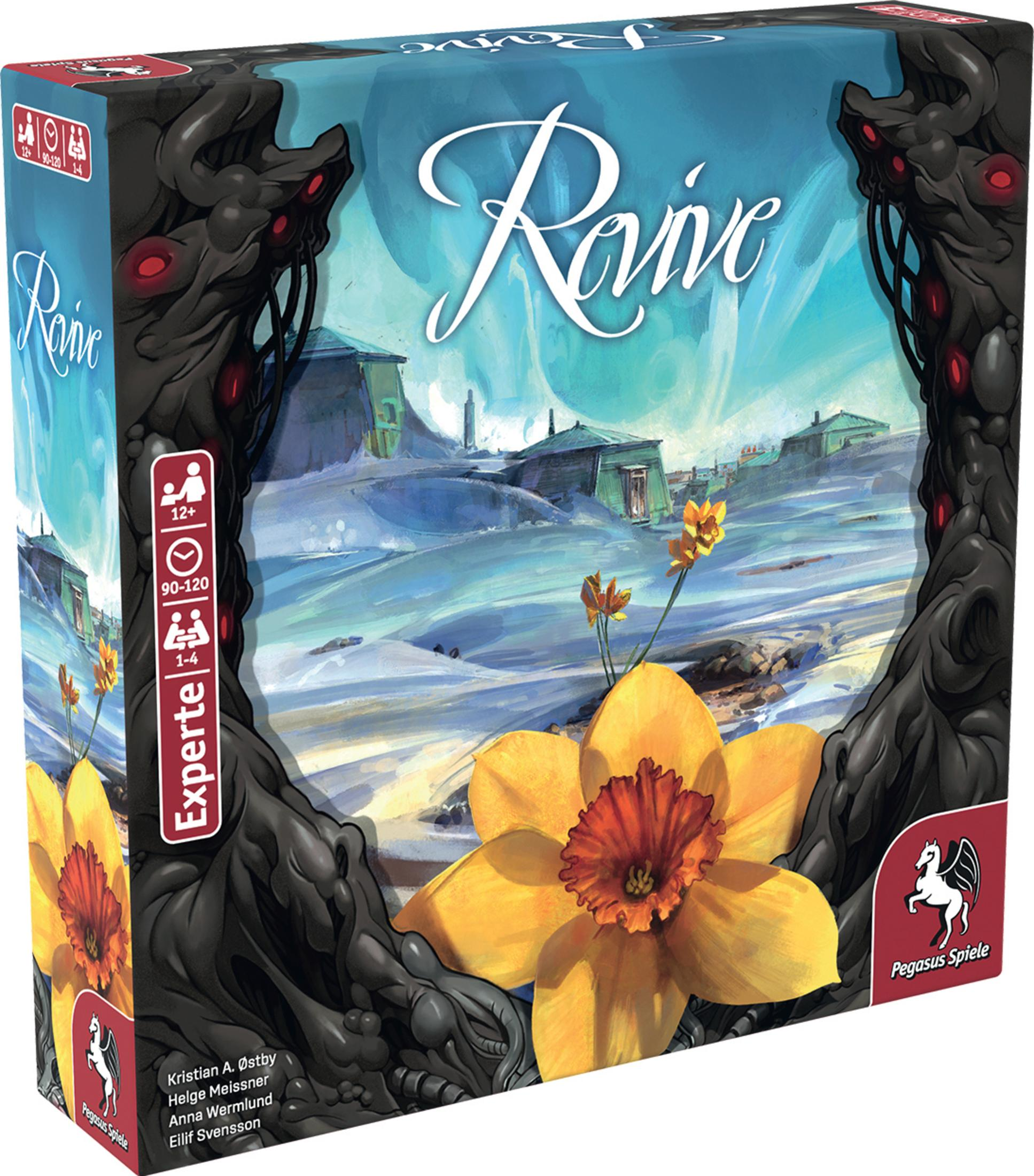 Pudełko z grą planszową ze śnieżnym krajobrazem i napisem Revive. Żółty kwiat na pierwszym planie.