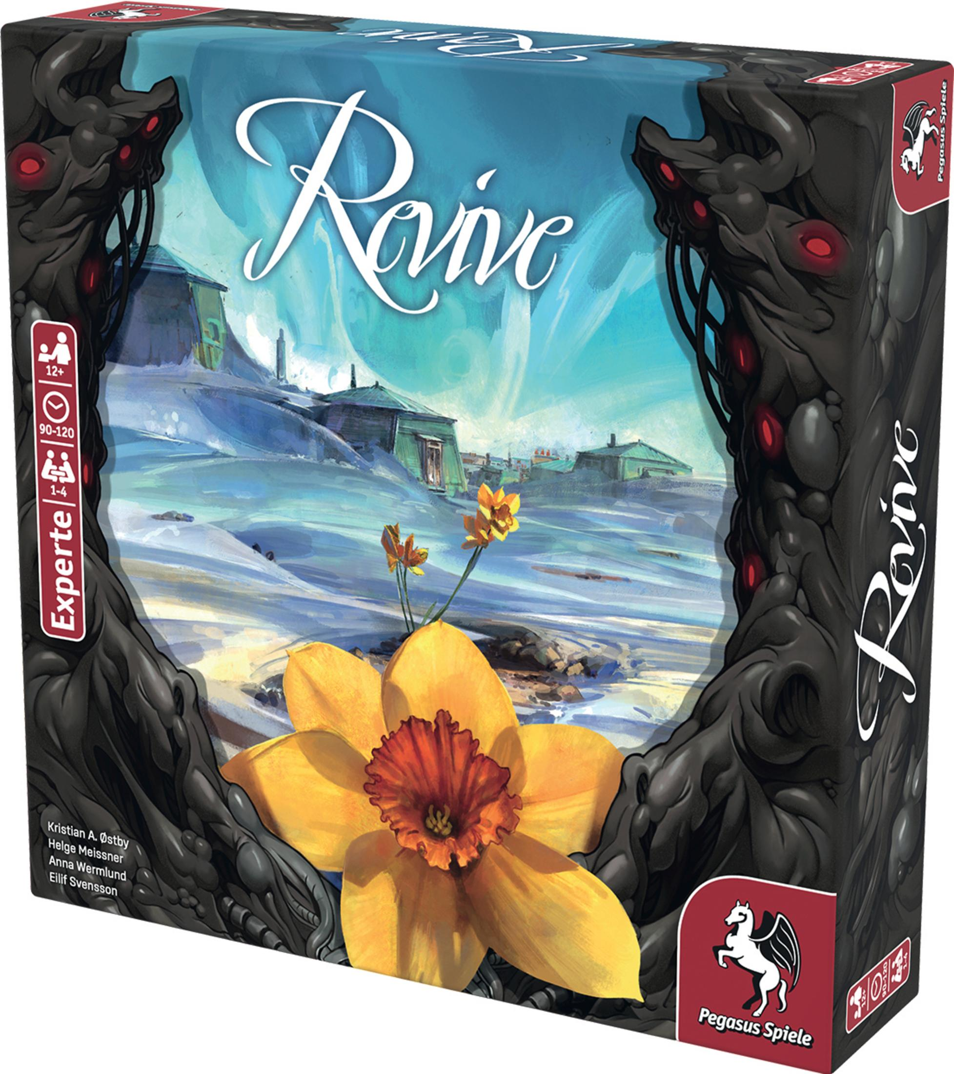 Pudełko gry planszowej 'Revive', z żonkilem i abstrakcyjnym tłem.